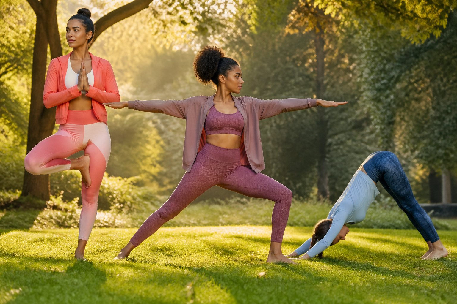 Drei Frauen üben Yoga im Park, jede trägt unterschiedliche farbenfrohe Yoga-Outfits und macht verschiedene Yoga-Posen.