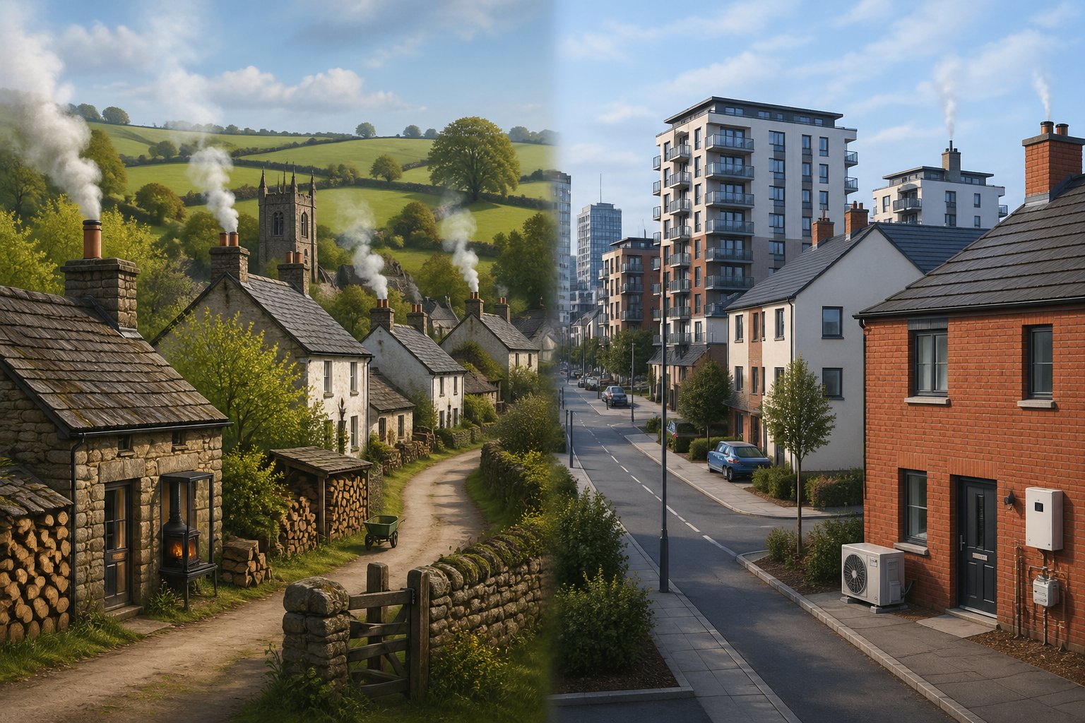 A split scene showing rural cottages with smoke from chimneys in a green countryside on the left and modern urban houses with little or no chimney smoke in a city setting on the right.