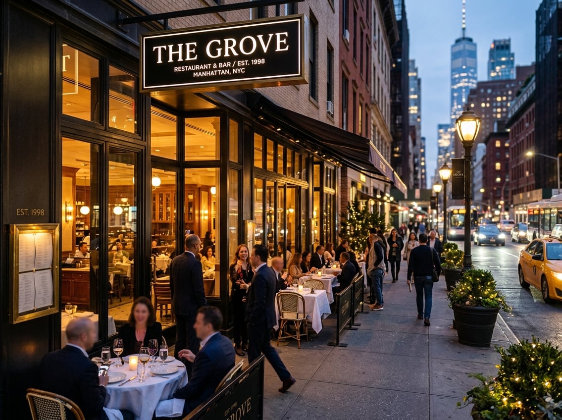 Evening scene outside a popular New York City restaurant with people dining and walking on the sidewalk.