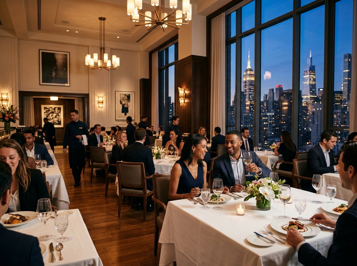 Interior of a stylish New York City restaurant with elegantly set tables, diners enjoying meals, and city skyline visible through large windows.