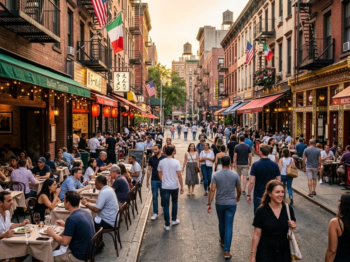 A busy New York City street with diverse restaurants and people dining outdoors during sunset.