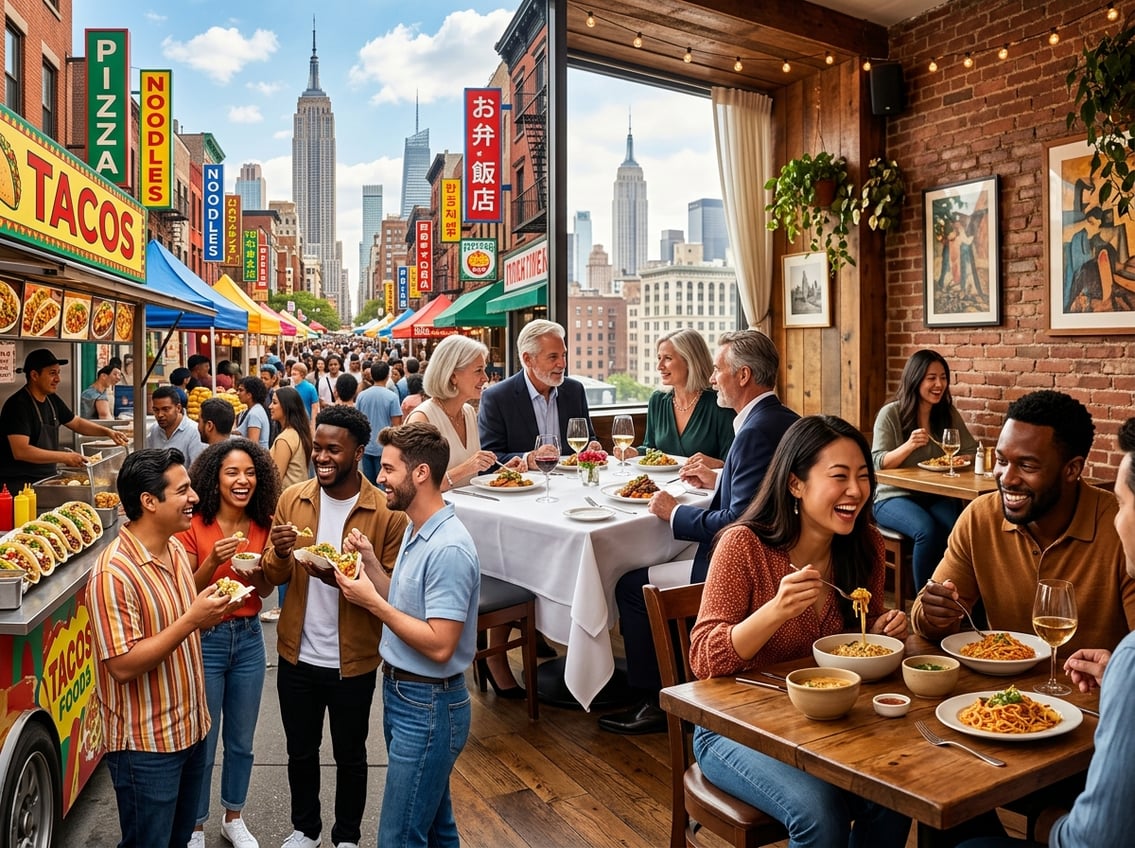 People enjoying different dining experiences in New York City, including fine dining, casual bistro, and outdoor street food market.