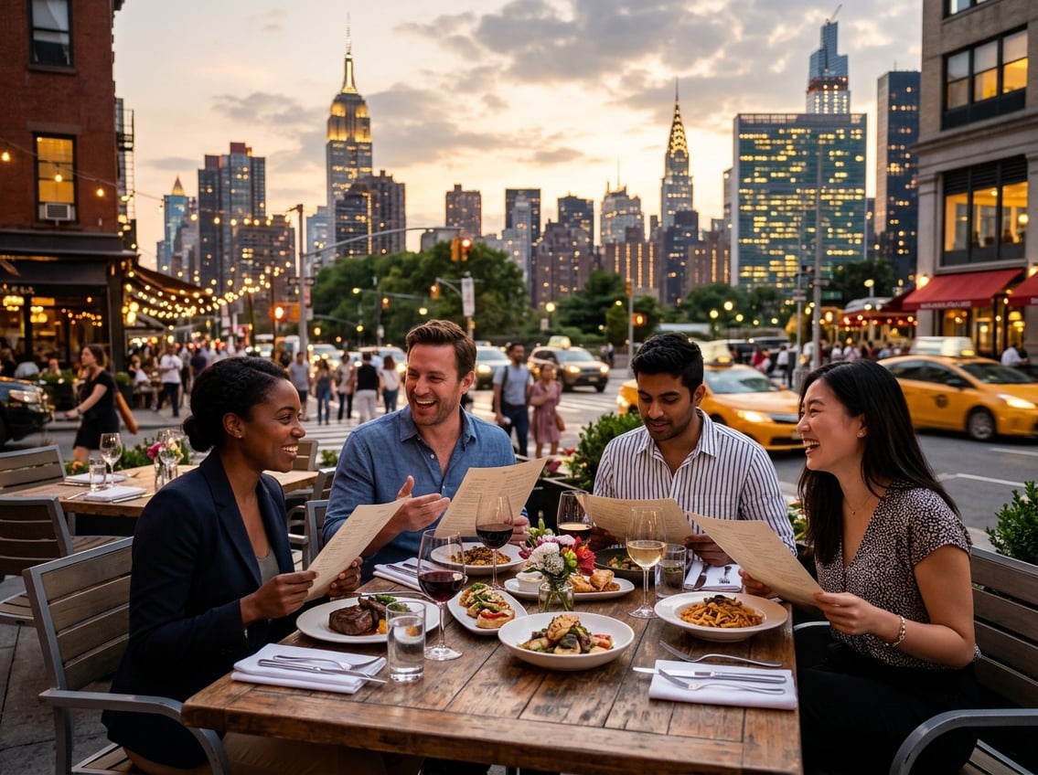 A group of people dining outdoors at a restaurant table with New York City buildings in the background during early evening.