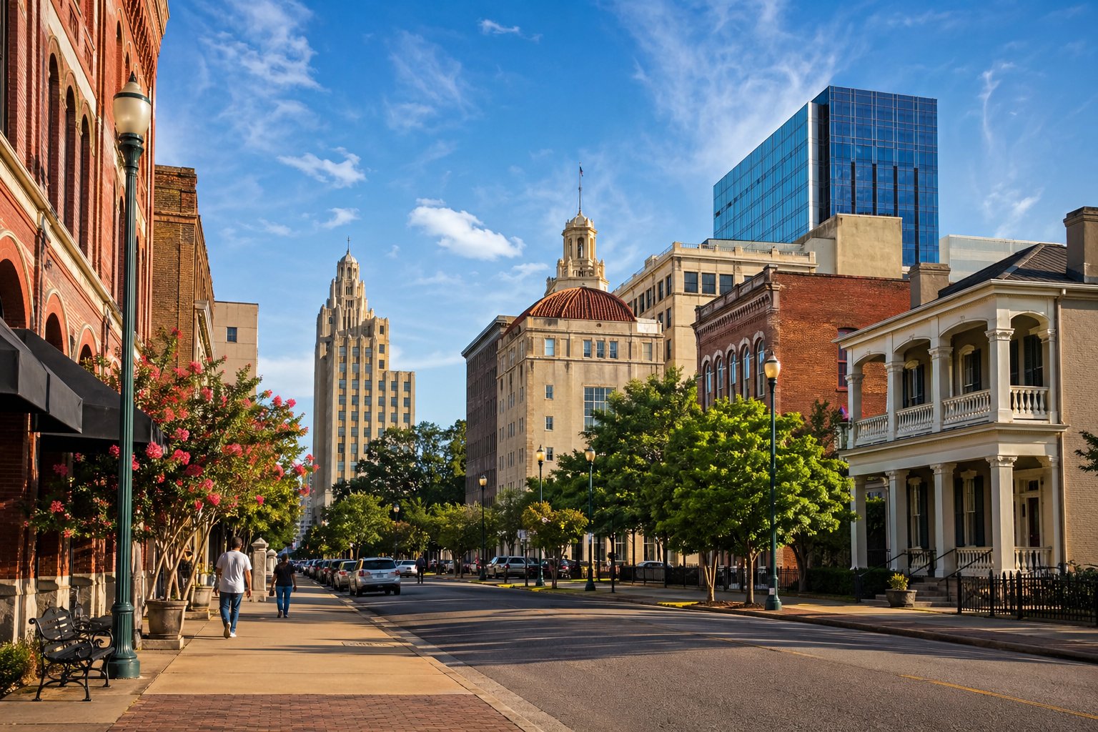 Cityscape of Monroe, Louisiana showing a mix of historic and modern buildings along tree-lined streets with pedestrians walking.