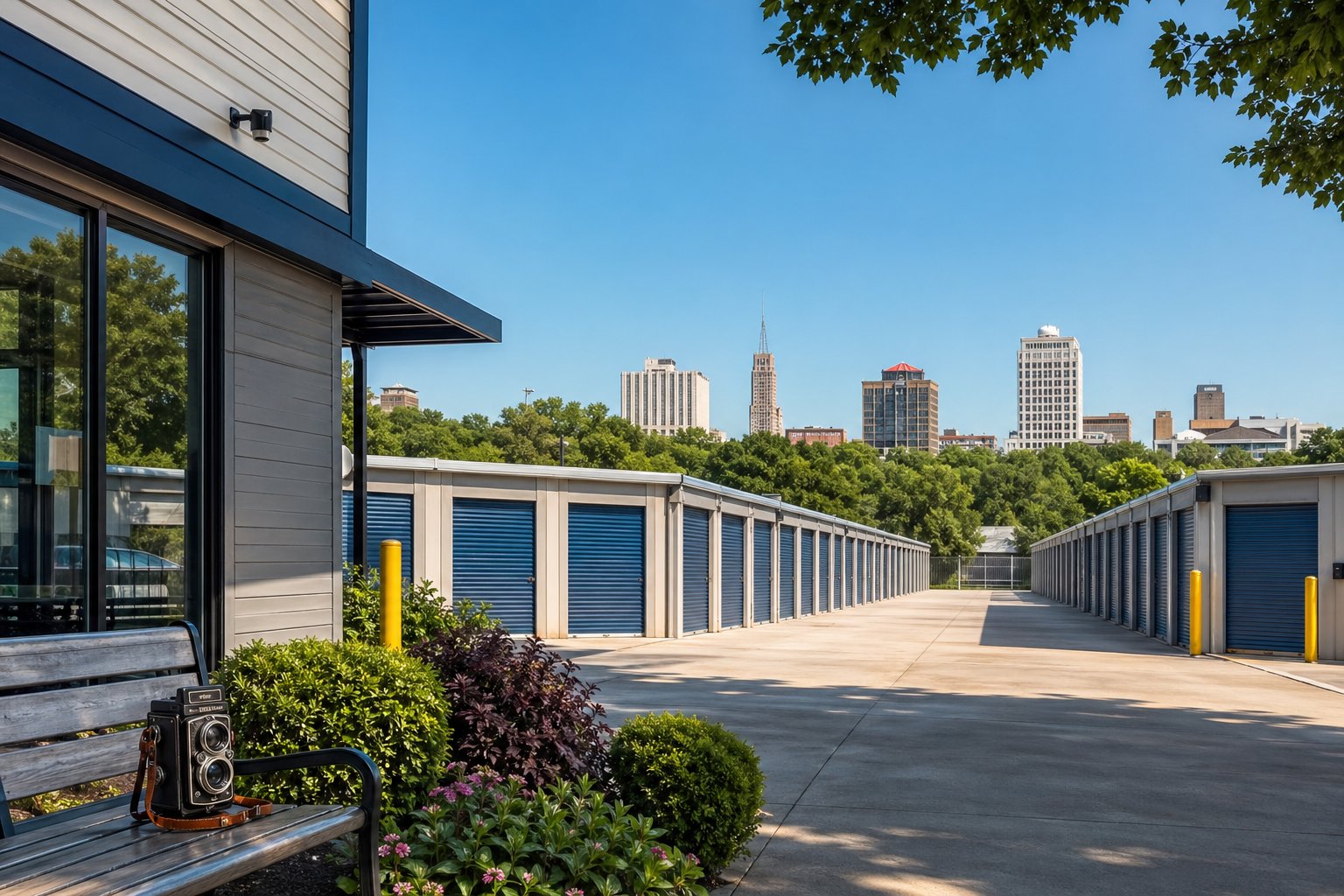 Outdoor view of a clean storage facility with rows of storage units and a cityscape in the background under clear blue skies.