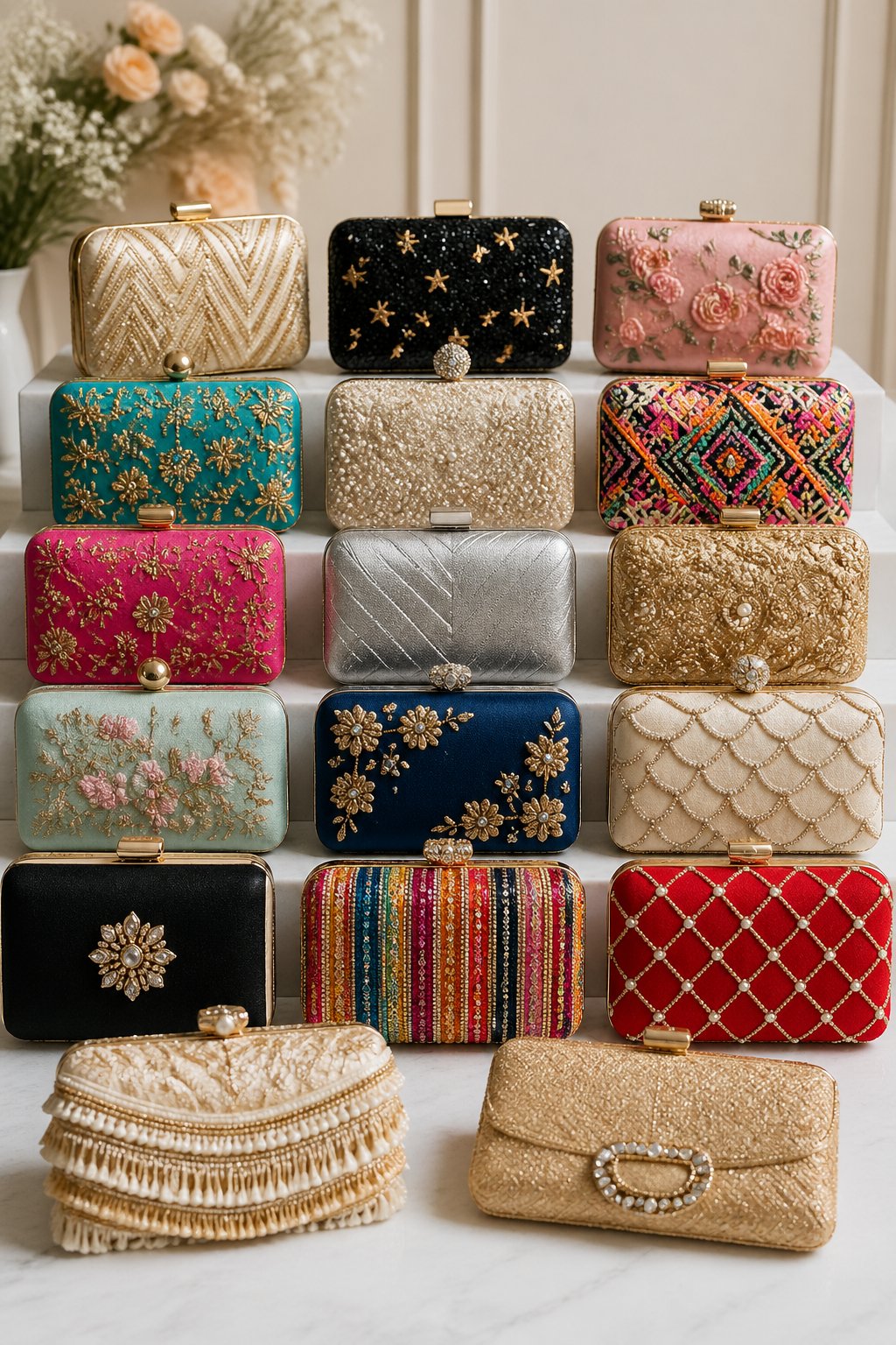 A collection of 15 colorful and creatively designed clutch bags arranged on a table, each with unique decorative details.