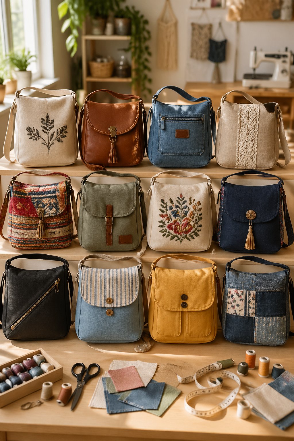 Twelve different handmade shoulder bags displayed on a wooden table with crafting tools around them.