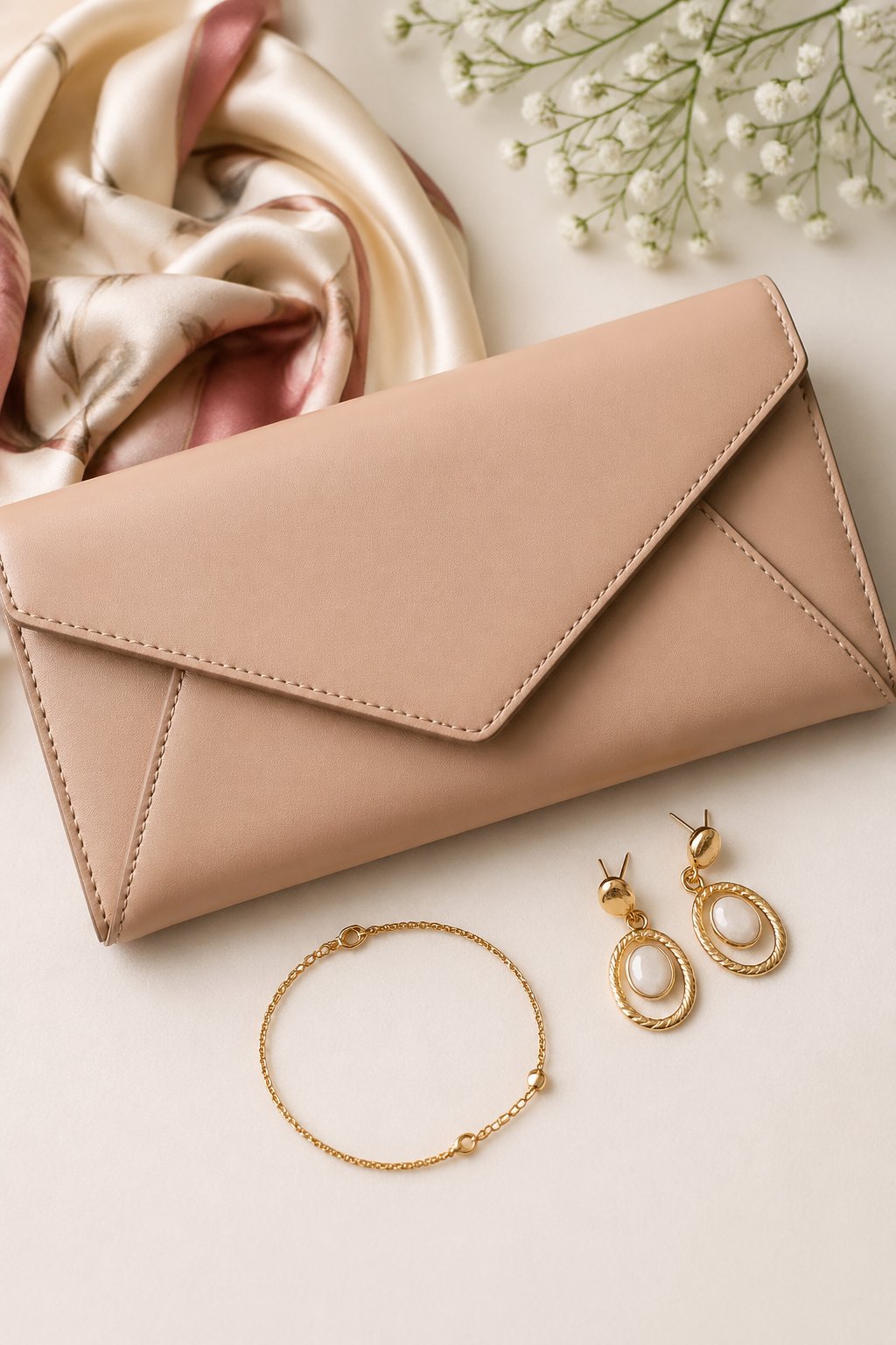 An envelope clutch bag displayed with jewelry and a scarf on a neutral background.