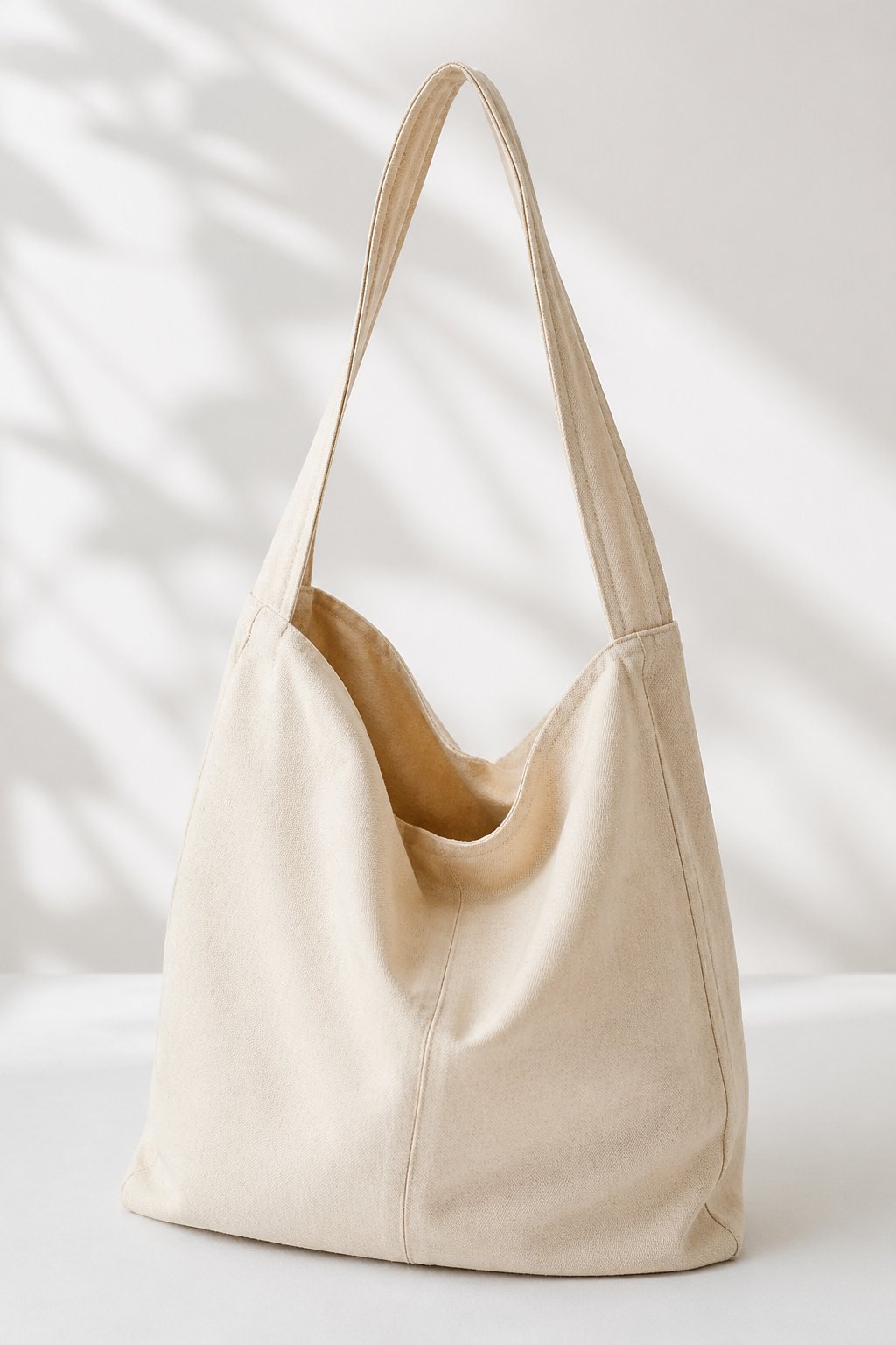 A simple cotton shoulder bag with a single strap displayed against a bright neutral background.