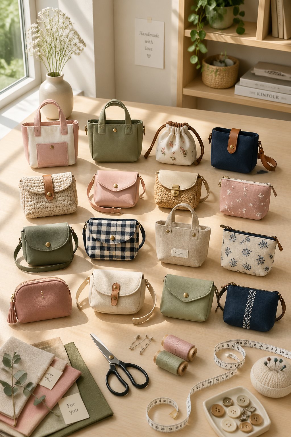 A table displaying thirteen small handmade mini bags in different shapes and colors with sewing tools around them.
