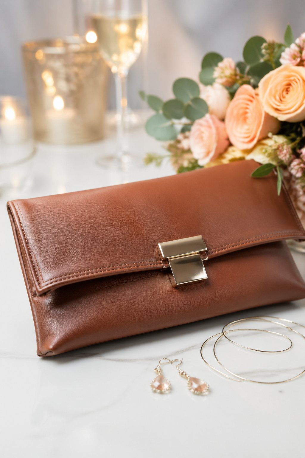 A brown leather fold-over clutch bag displayed with jewelry and flowers on a white surface.