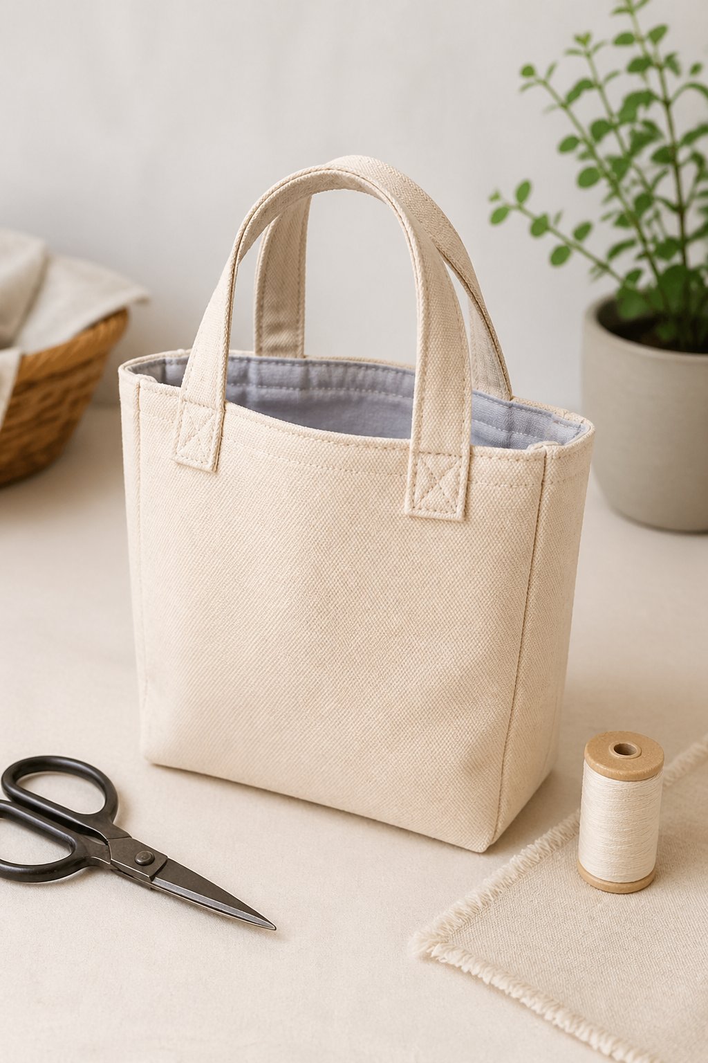 A small canvas mini tote bag with lining displayed on a neutral background with crafting tools nearby.