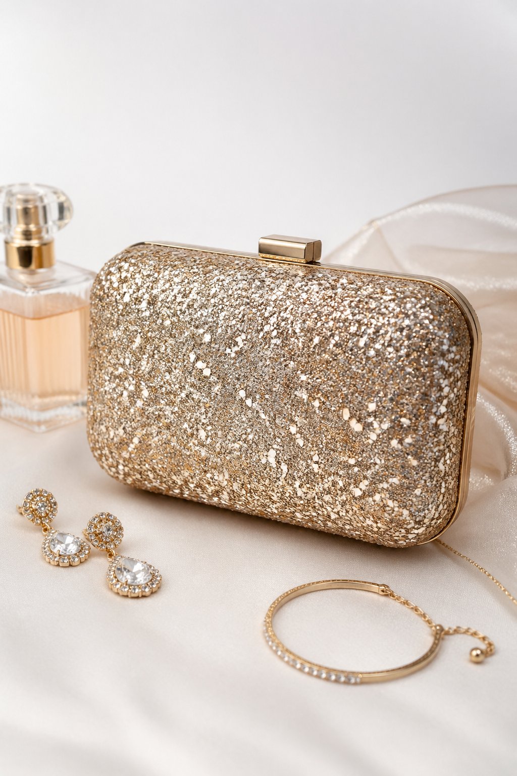 A glittery clutch bag surrounded by elegant party accessories on a neutral surface.