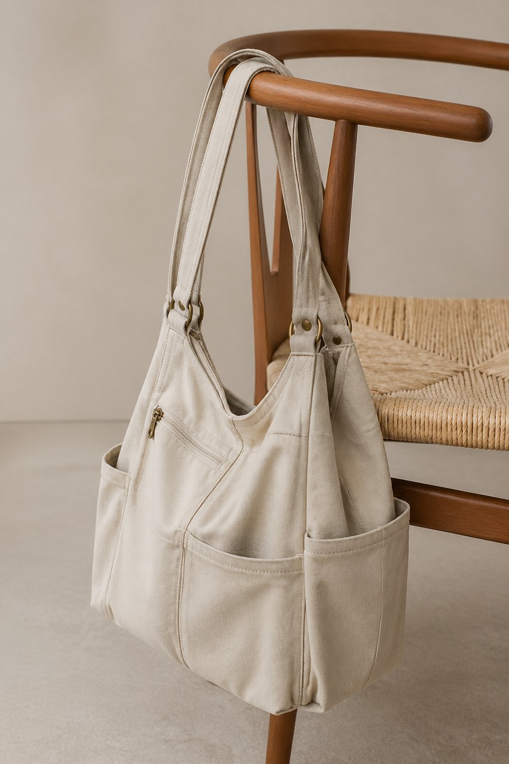 A shoulder tote bag with multiple exterior pockets hanging on a chair against a plain background.