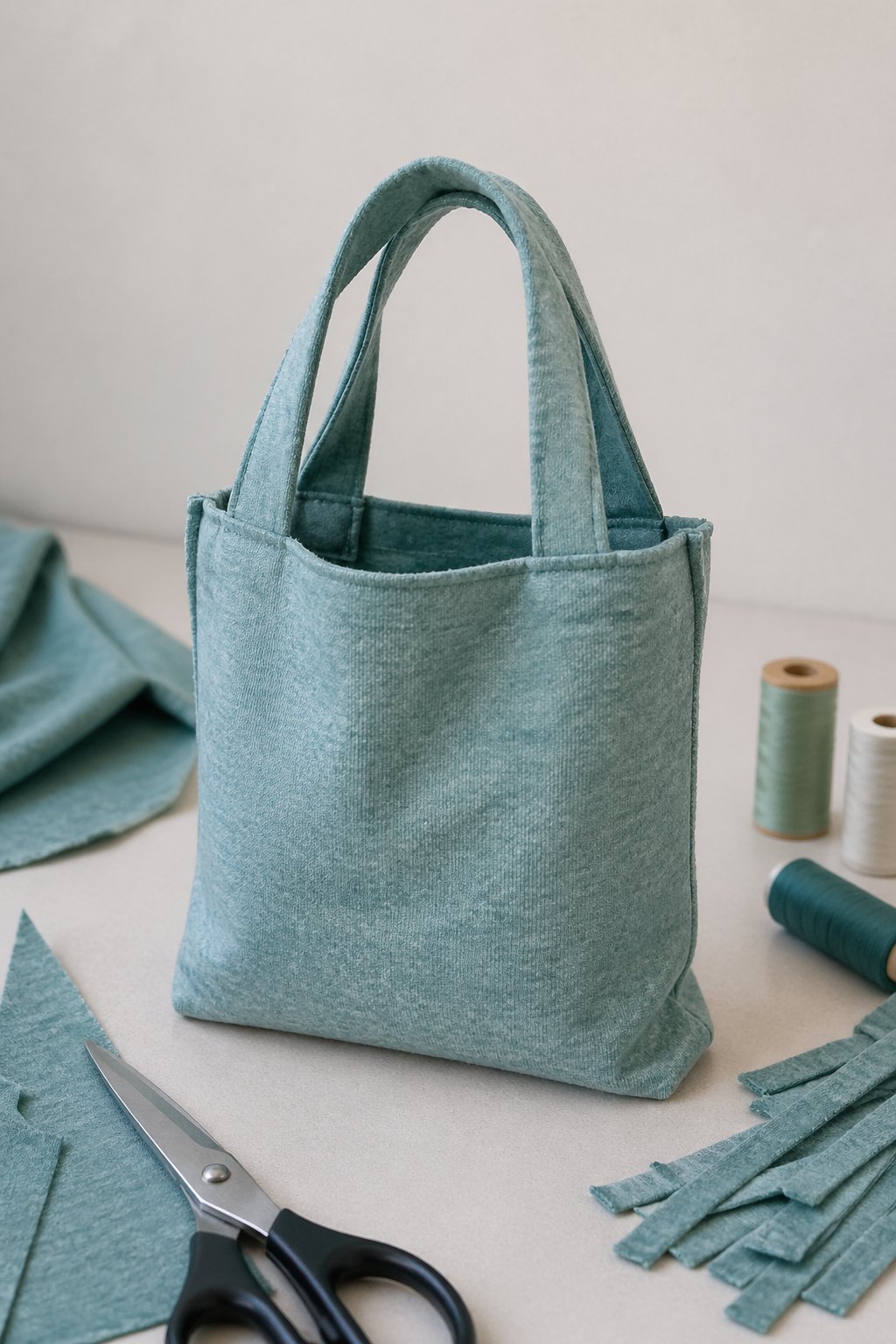 A small mini tote bag made from a T-shirt displayed on a neutral surface with crafting materials around it.