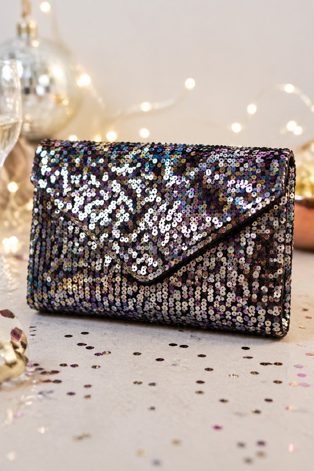 A sequin clutch bag on a neutral surface with soft party decorations in the background.