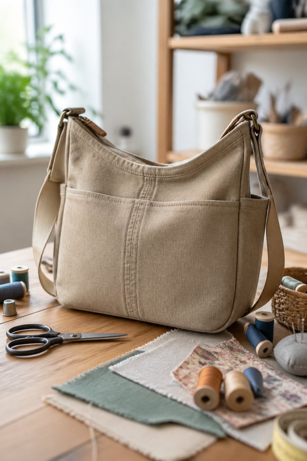 A canvas shoulder purse on a wooden table surrounded by sewing and crafting materials.