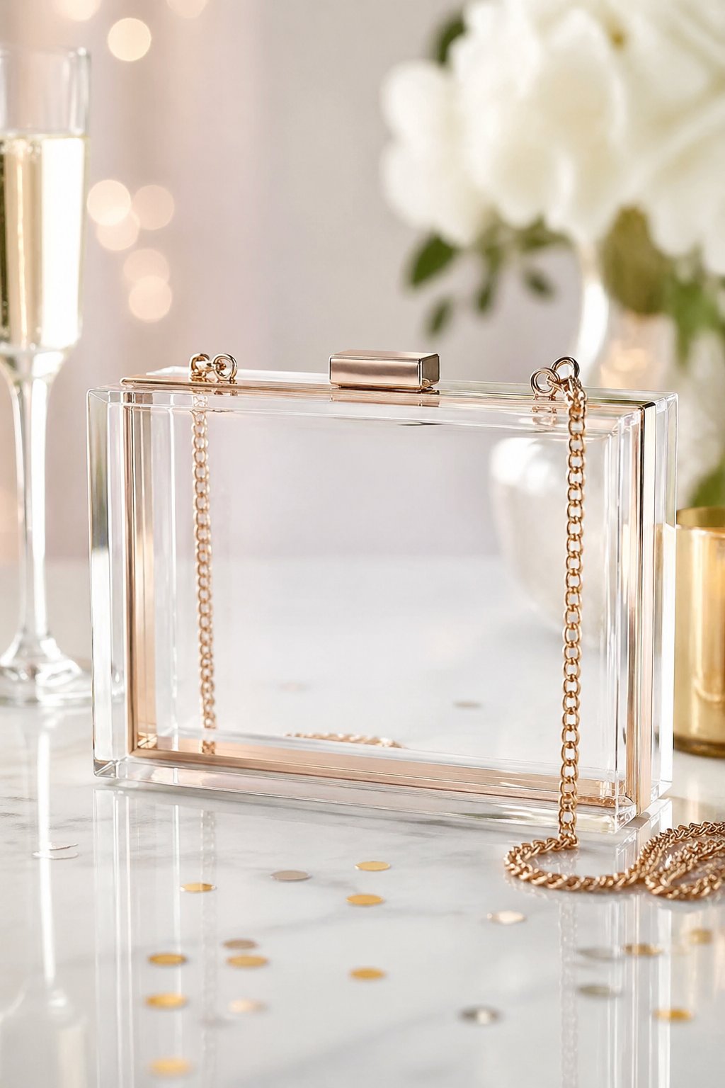 A clear box clutch bag placed on a surface with soft lighting and subtle party decorations in the background.