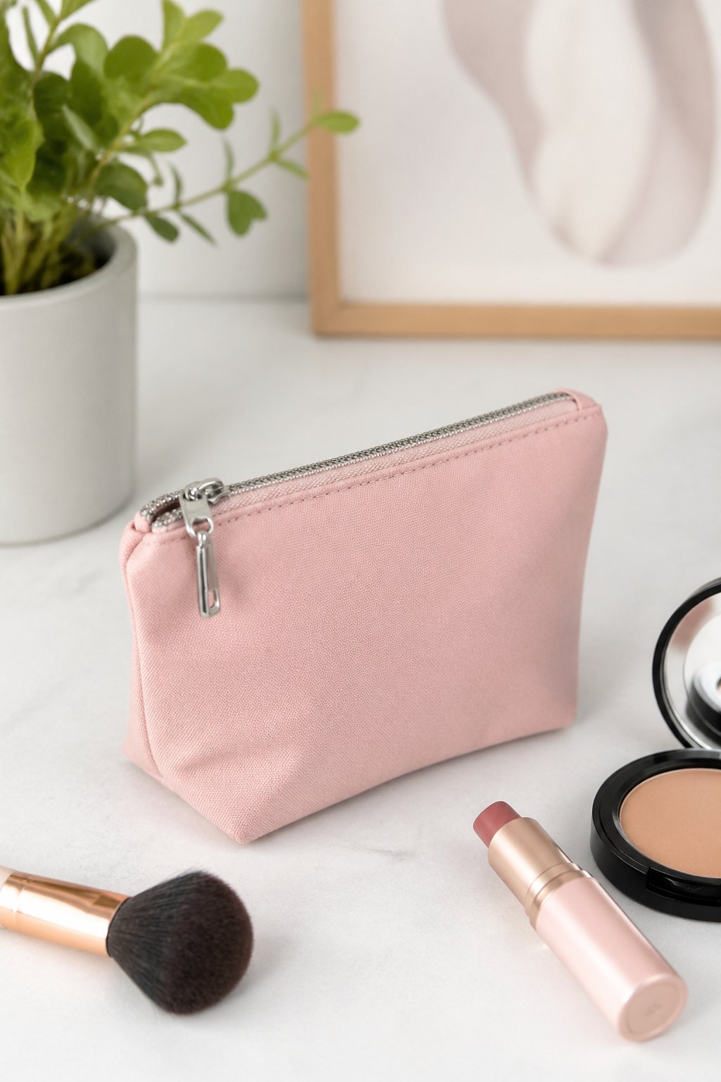 A small zipper makeup pouch on a light surface with scattered makeup items around it.