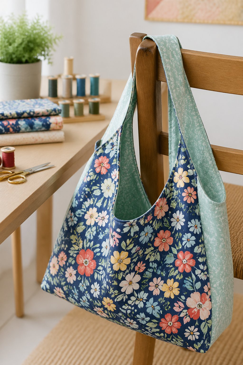 A colorful reversible quilting cotton shoulder bag displayed in a bright room with crafting materials nearby.