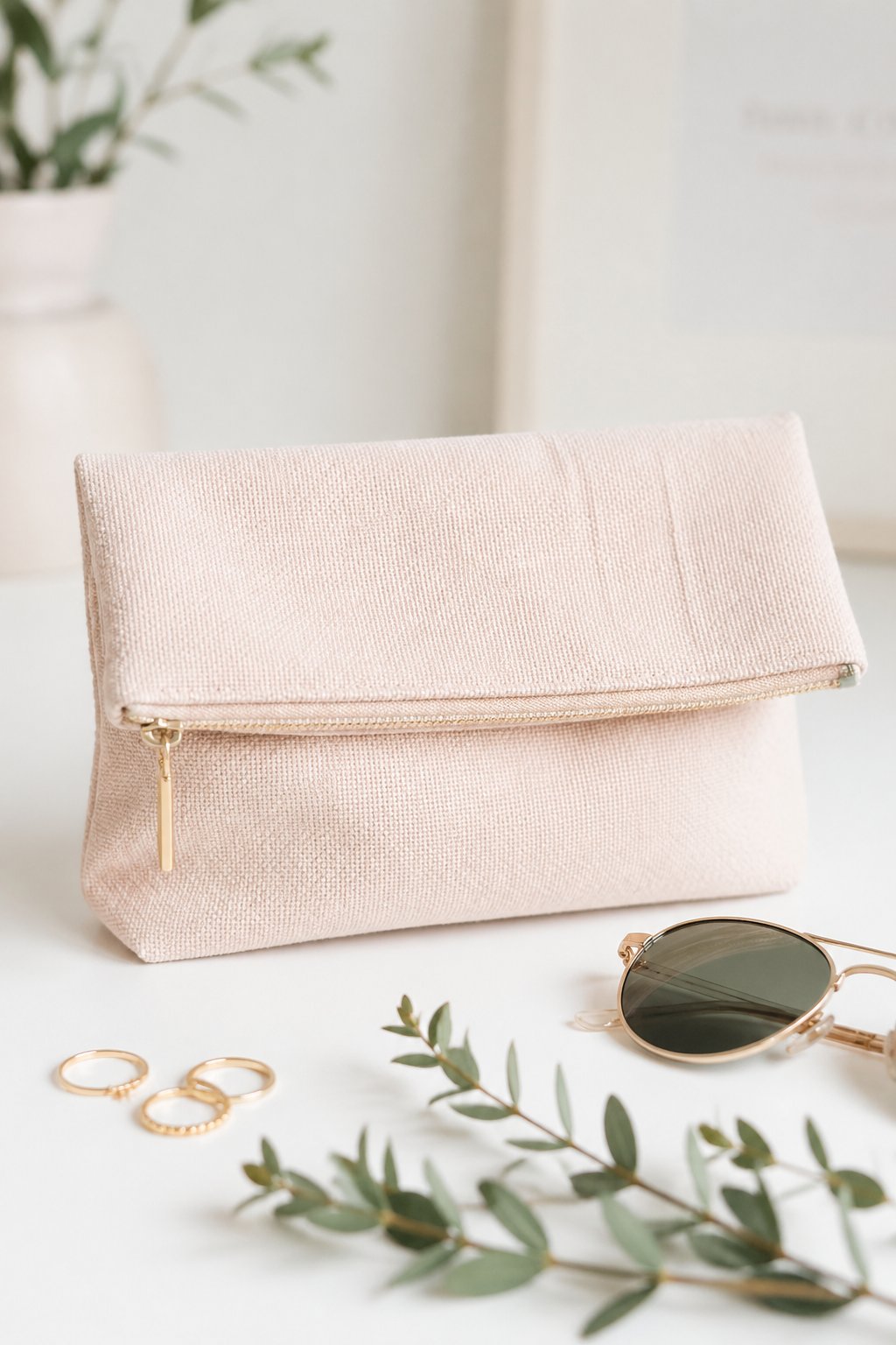 A small fold-over fabric clutch bag placed on a white surface with a few accessories around it.