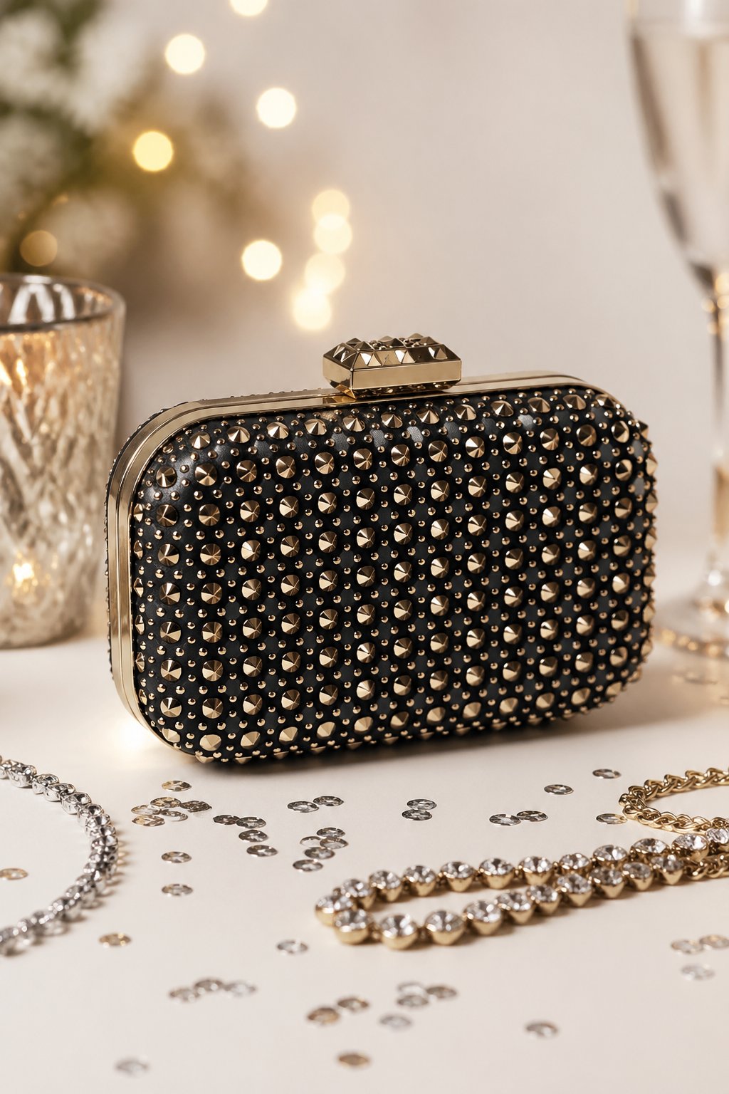 A studded clutch bag displayed on a neutral surface with soft lighting and decorative elements suggesting a party setting.
