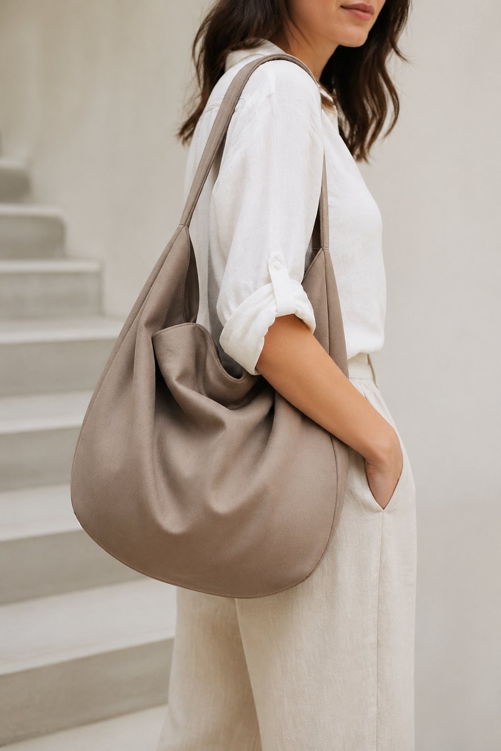 A woman carrying a soft, slouchy hobo shoulder bag on her shoulder against a plain background.