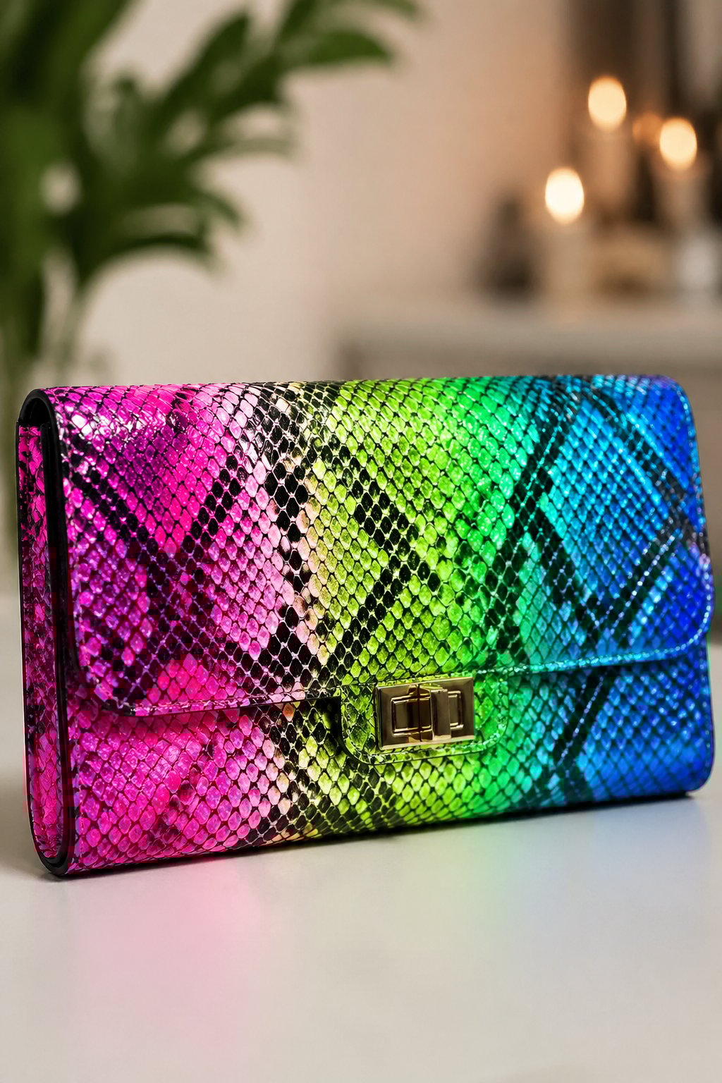 A neon-colored snakeskin clutch bag resting on a neutral surface with a blurred background.