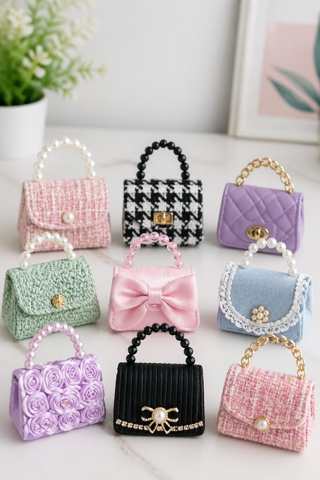 A collection of small colorful mini purses arranged on a light surface.