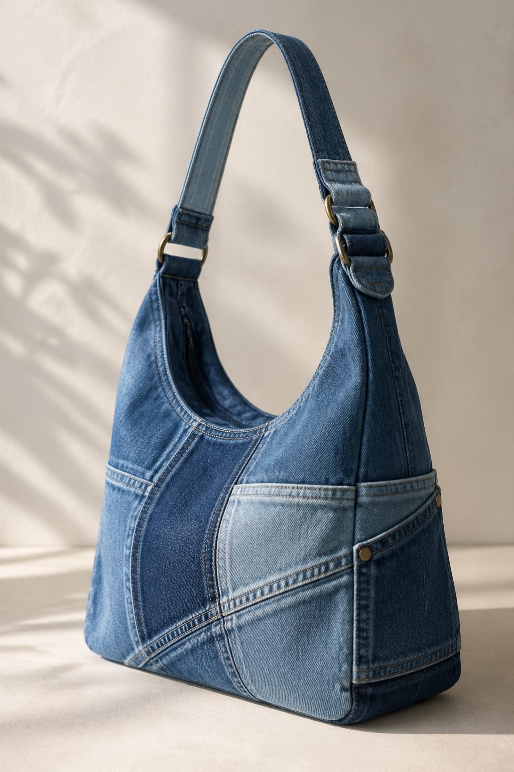 A denim shoulder bag made from patchwork fabric displayed on a plain background.