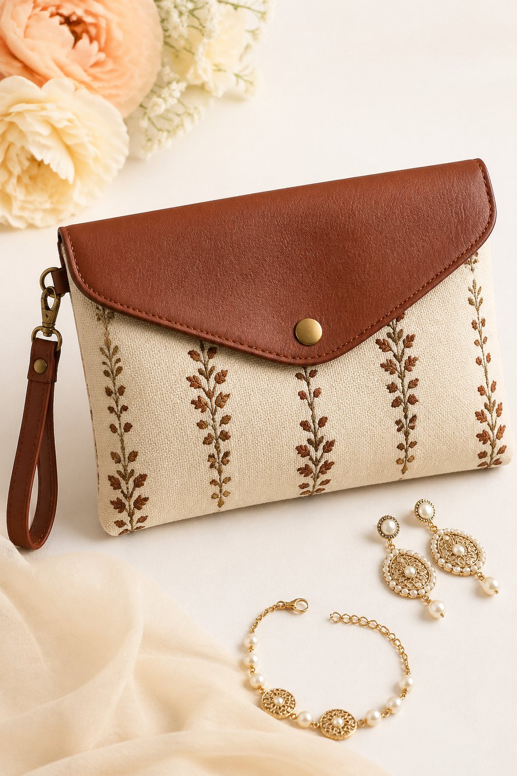 A cotton and leather clutch bag displayed with party accessories on a neutral background.