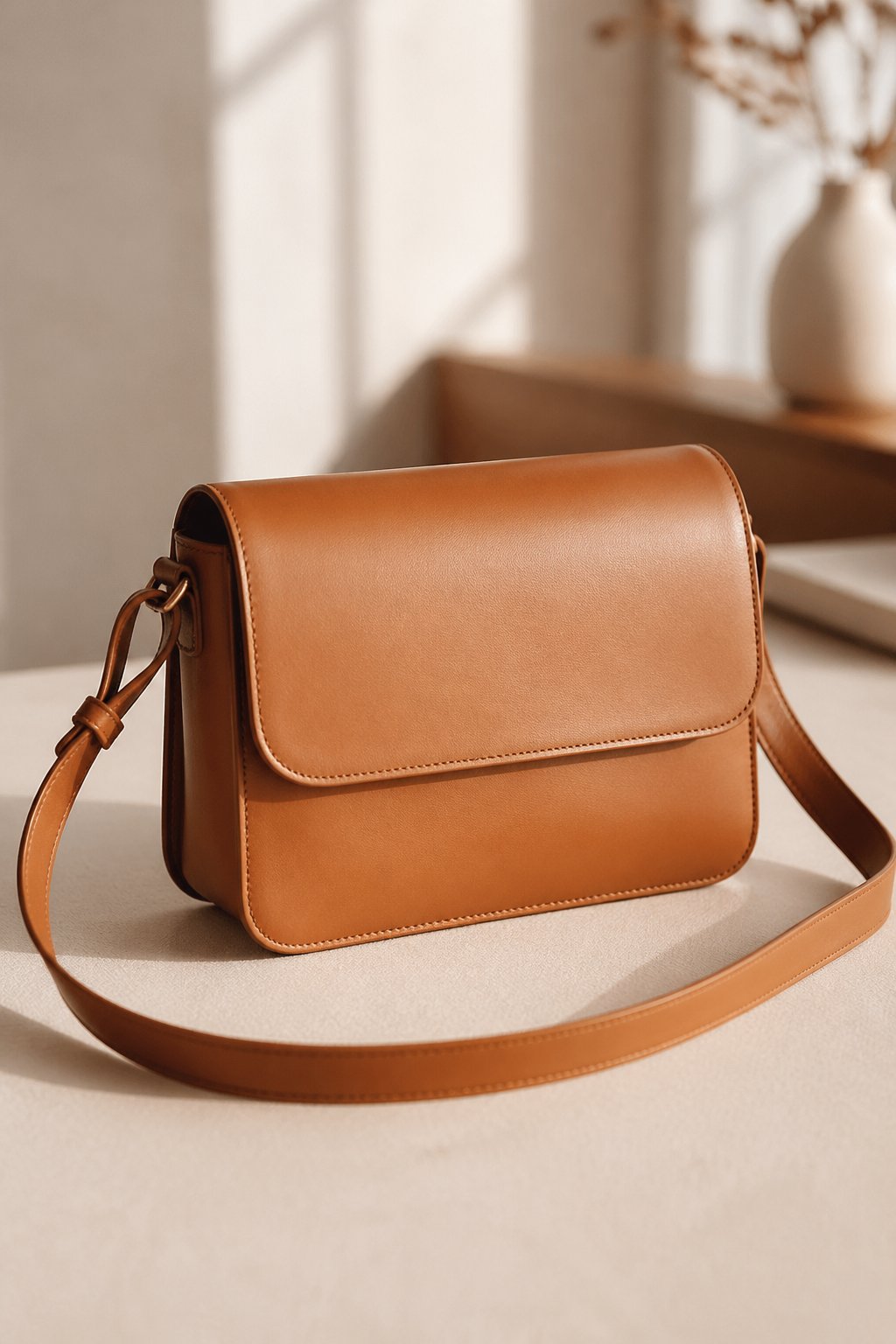 A boxy shoulder bag with a magnetic snap resting on a neutral surface with a blurred background.