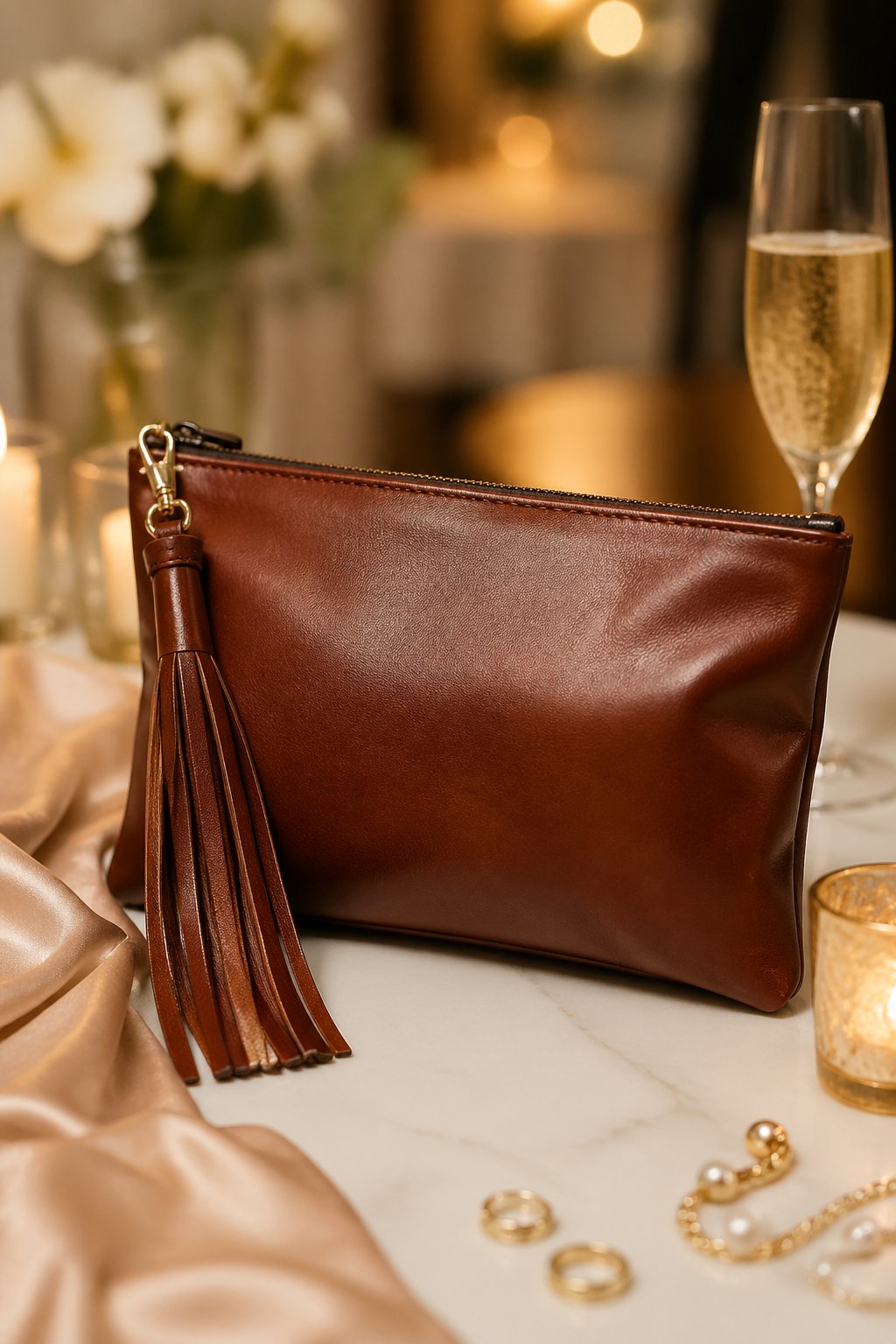 A brown leather clutch bag with a tassel resting on a surface surrounded by jewelry and a glass of champagne.