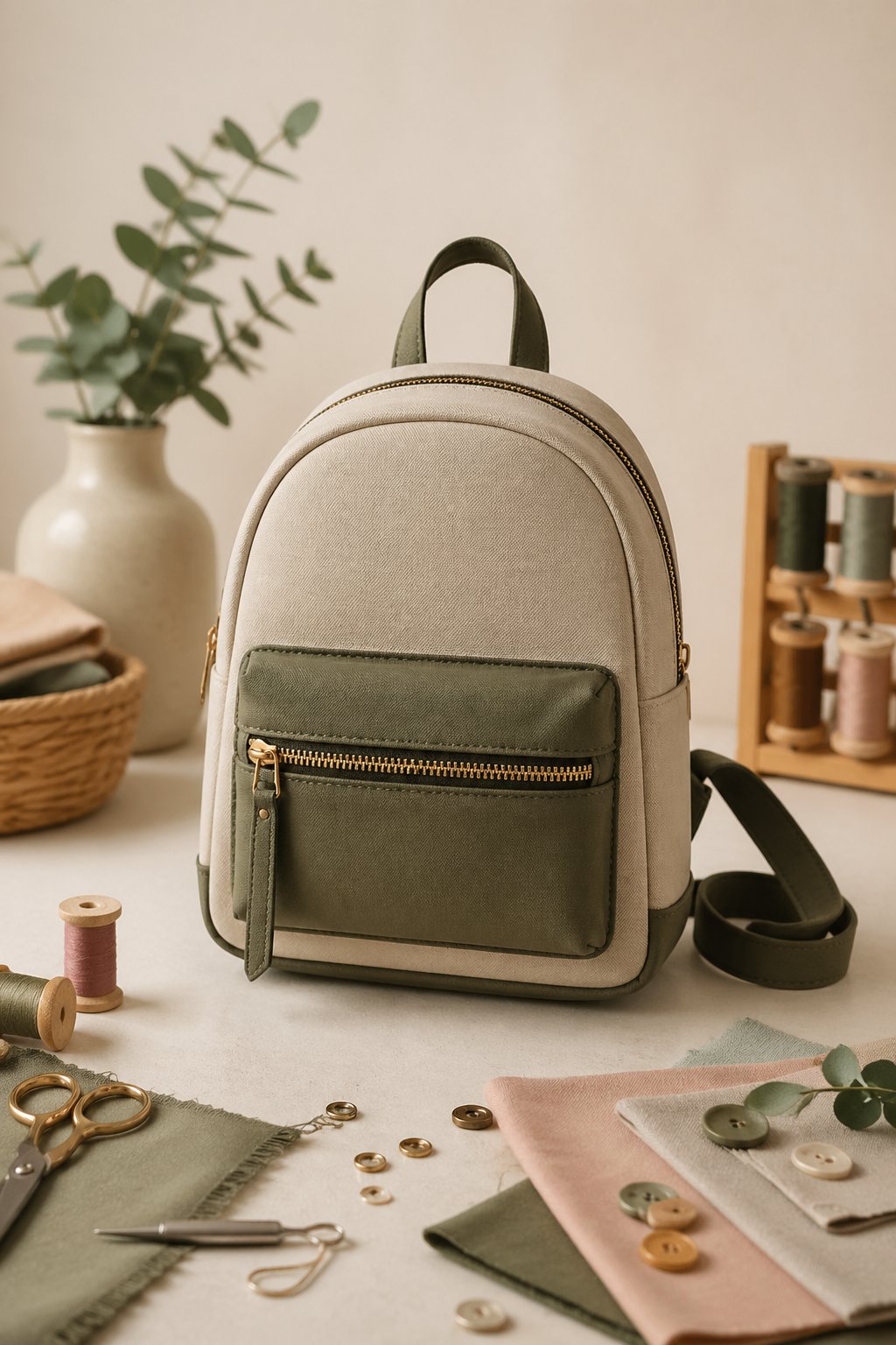 A small stylish mini backpack displayed on a neutral background with sewing tools and fabric swatches nearby.