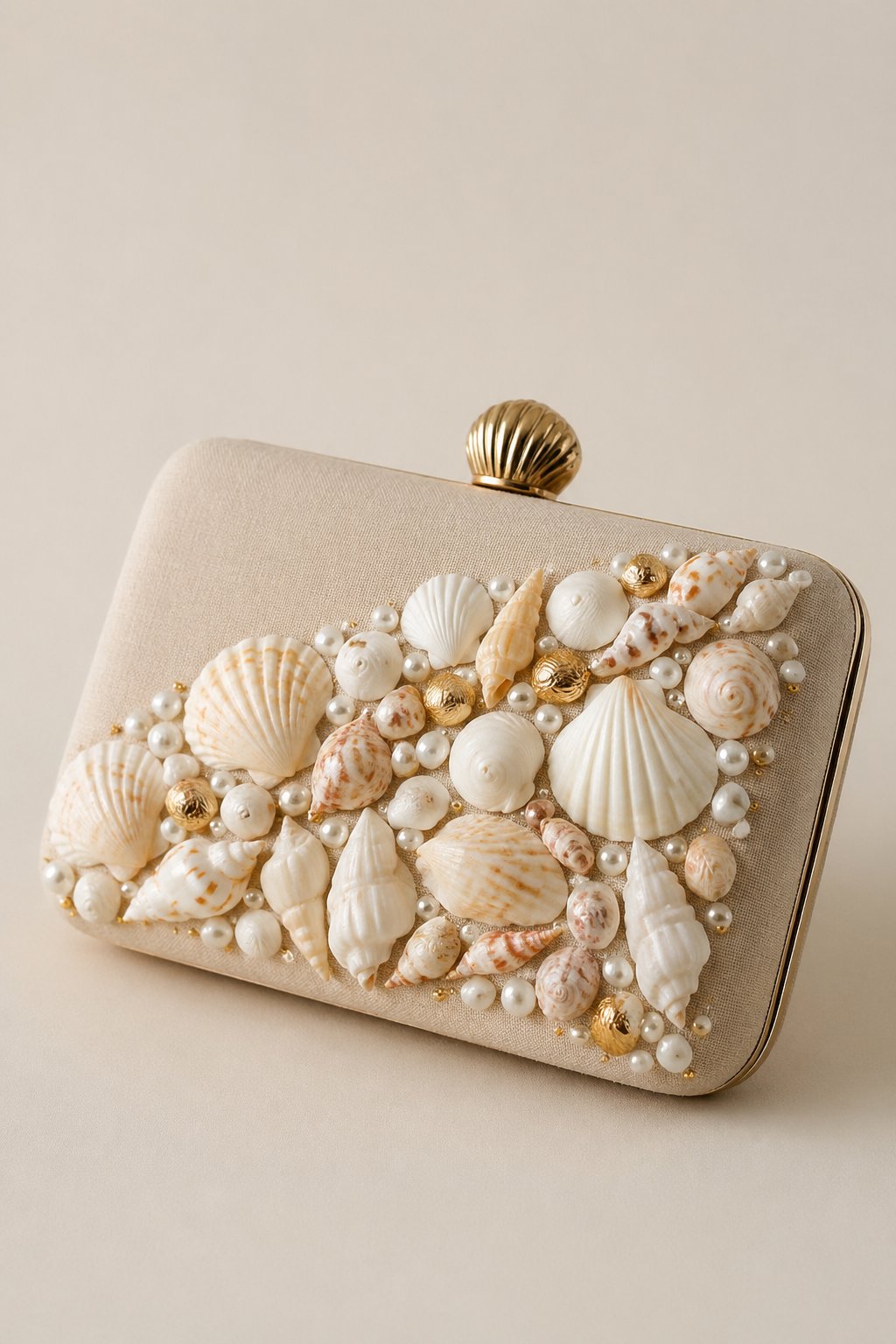 A shell-embellished clutch bag displayed on a plain background.
