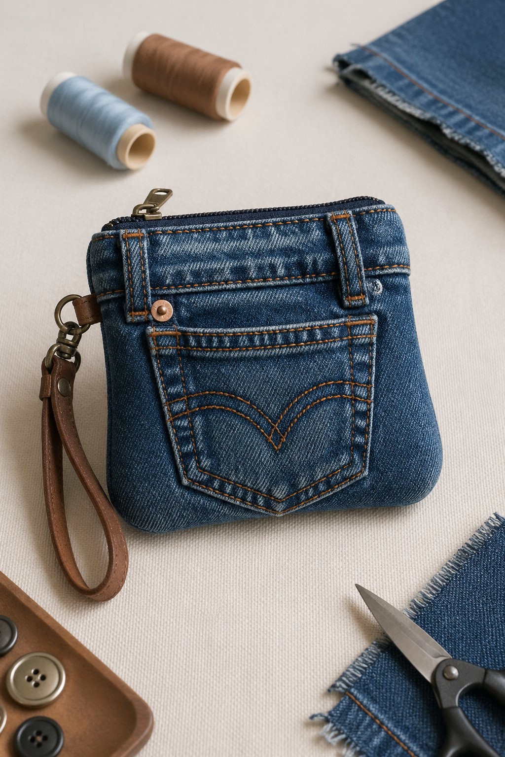 A small mini purse made from a denim jeans pocket placed on a neutral background with sewing tools nearby.