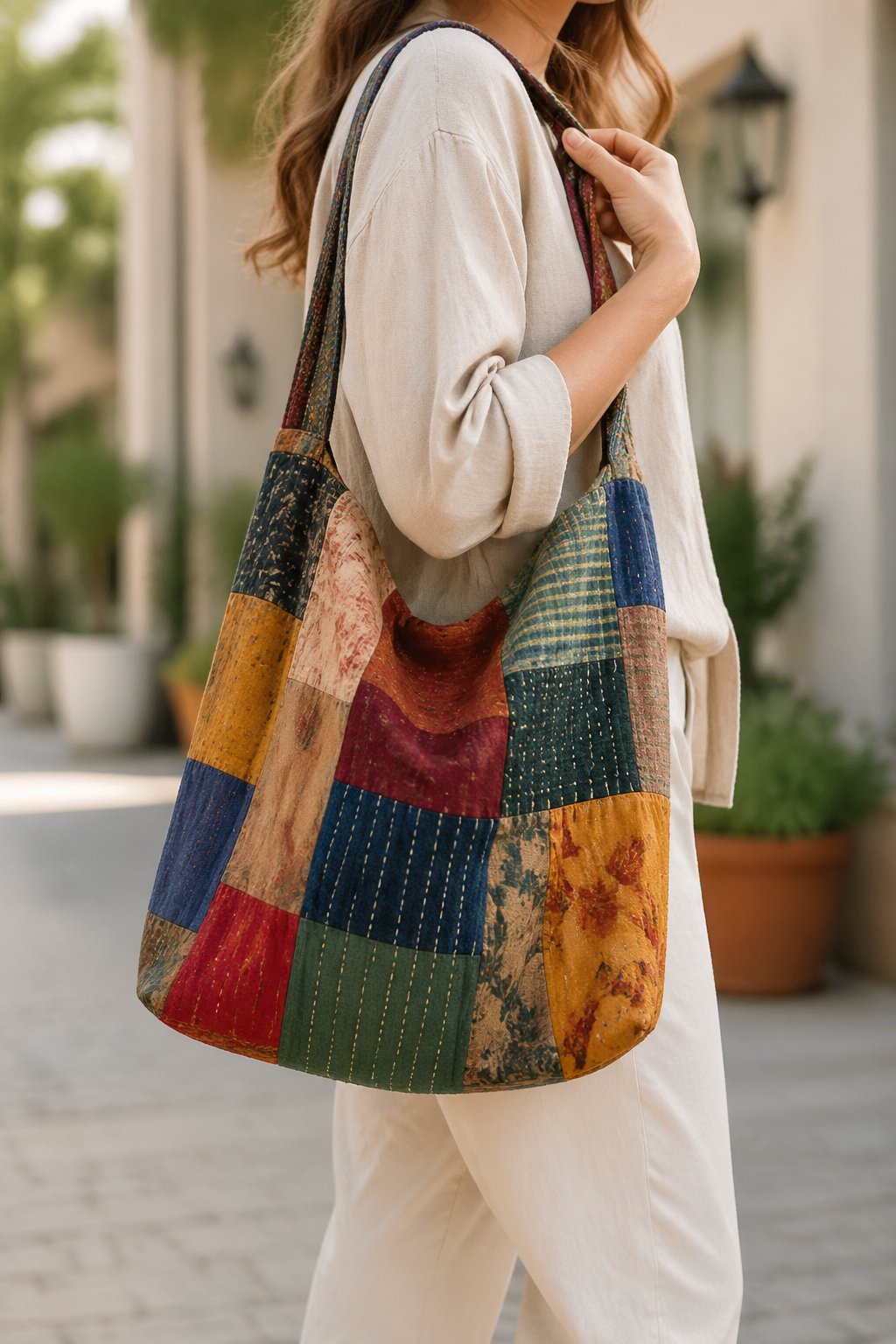 A person wearing a colorful patchwork shoulder bag outdoors with a blurred urban background.