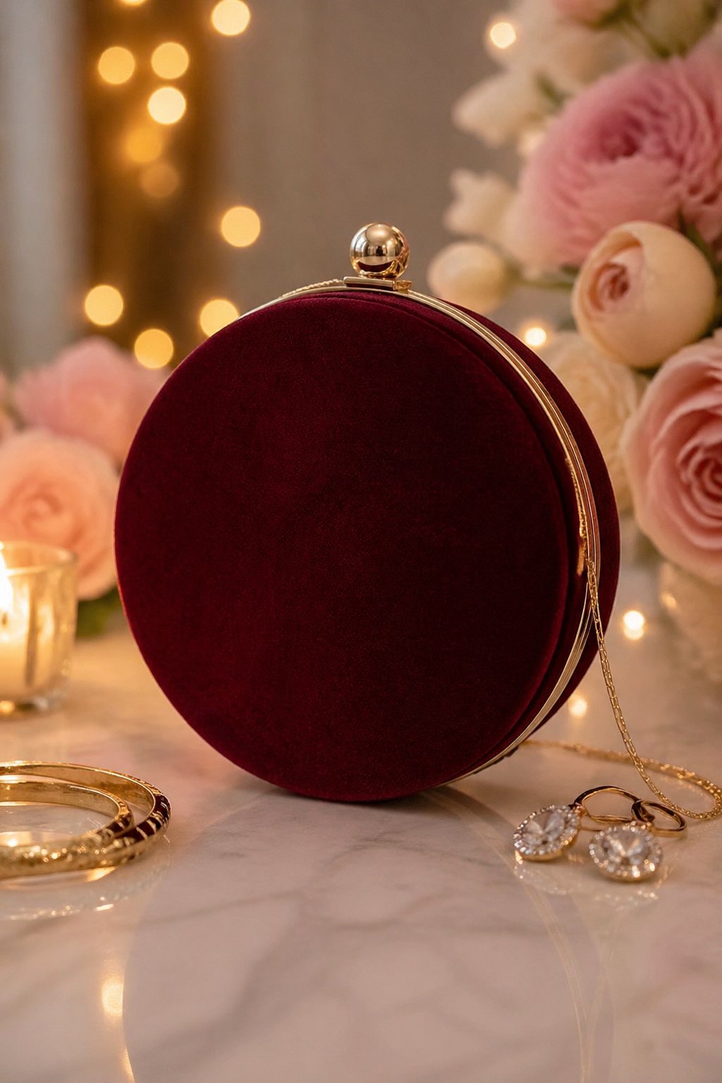A circle clutch bag displayed with flowers, jewelry, and soft lights on a clean surface.