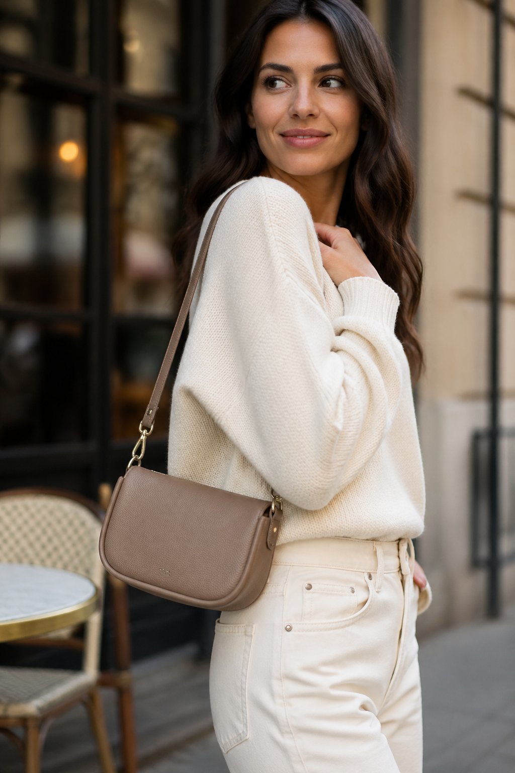 A woman carrying a stylish mini shoulder bag on her shoulder in an outdoor urban setting.