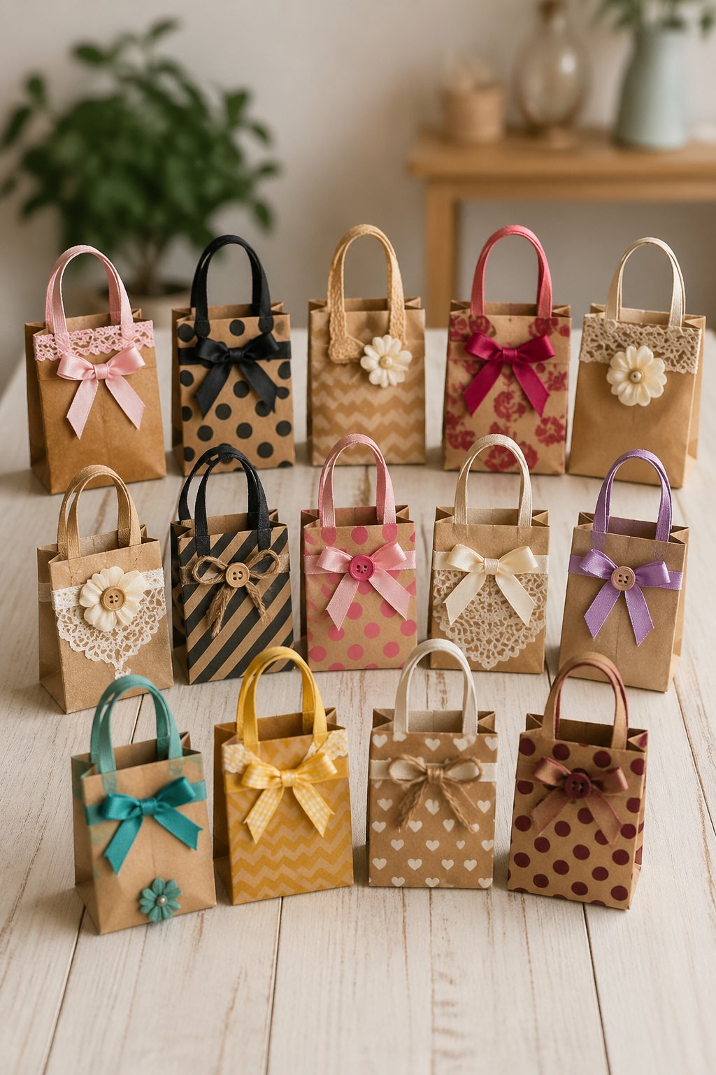 A collection of small, decorated paper lunch bag mini totes arranged on a wooden surface.
