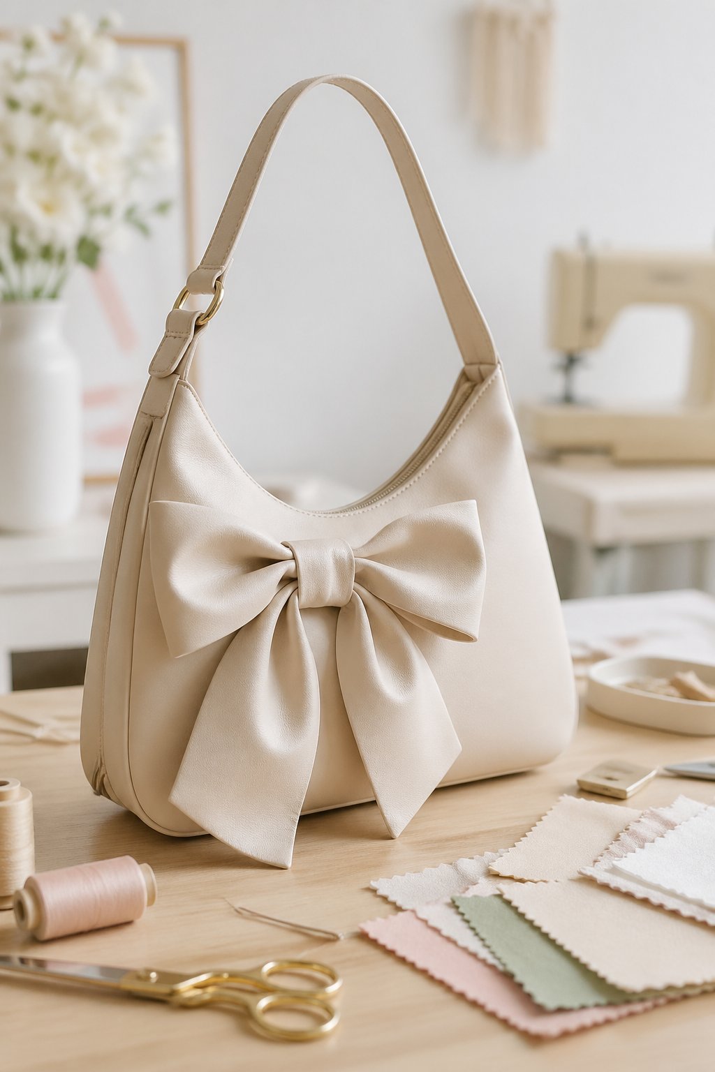 A shoulder bag with a large bow detail resting on a table with sewing tools and fabric in the background.