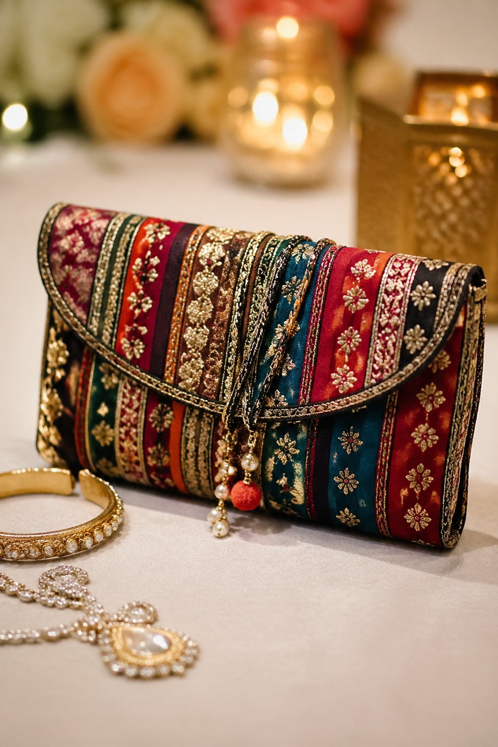 A colorful ethnic wrap clutch bag displayed on a surface with party accessories and soft lighting in the background.