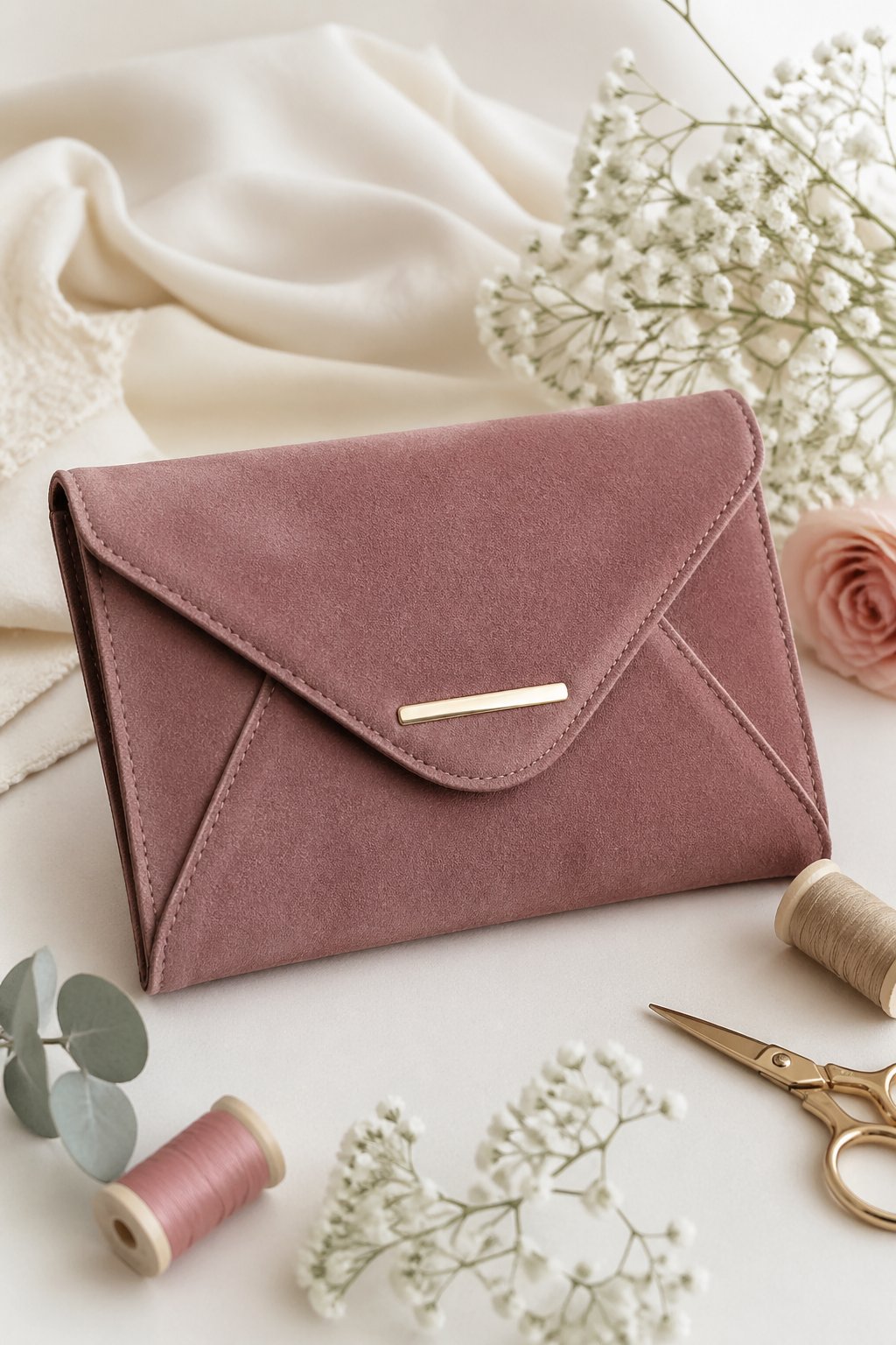 A suede envelope clutch bag displayed on a clean surface with crafting tools and flowers around it.