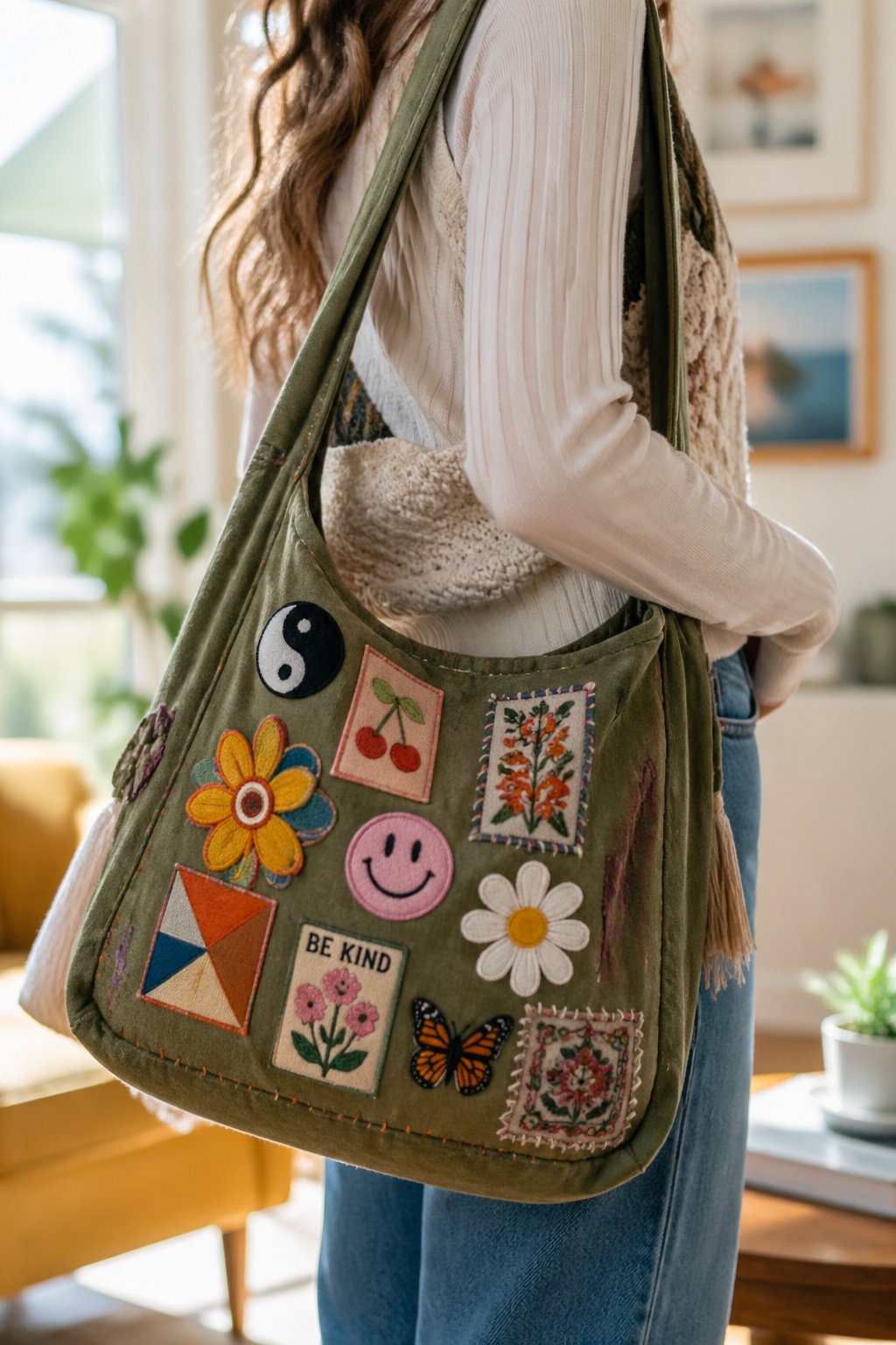 A shoulder bag decorated with colorful custom patches hanging on a chair in a bright indoor space.