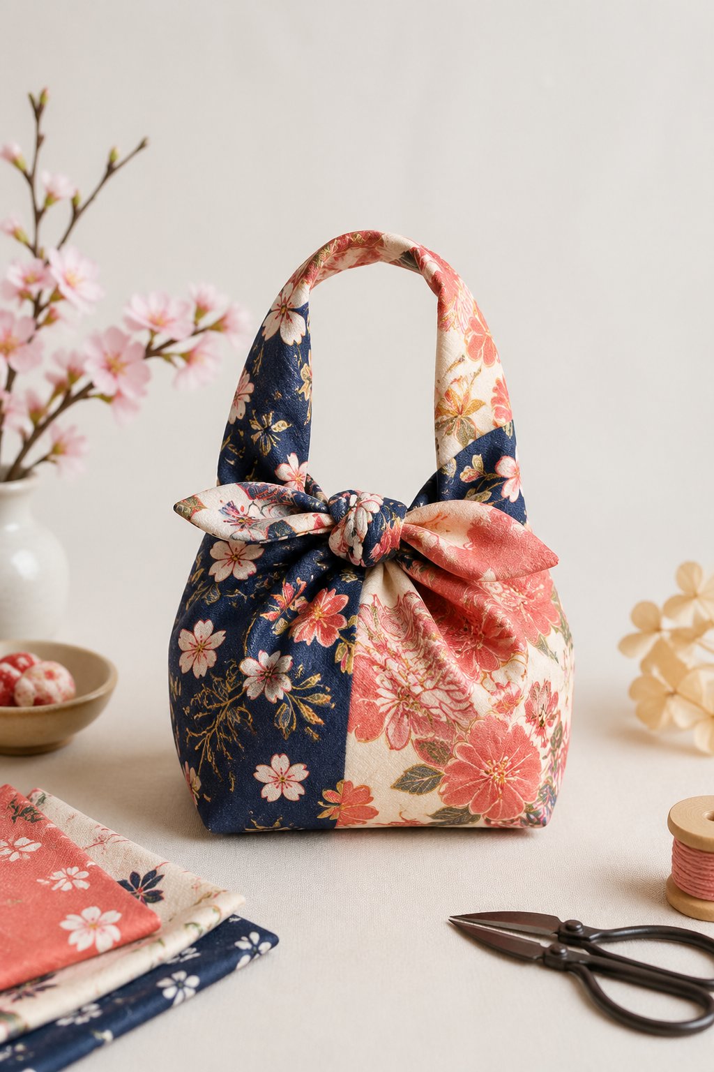 A small Japanese Furoshiki mini wrap bag made from patterned fabric, displayed on a neutral surface with crafting tools and flowers nearby.