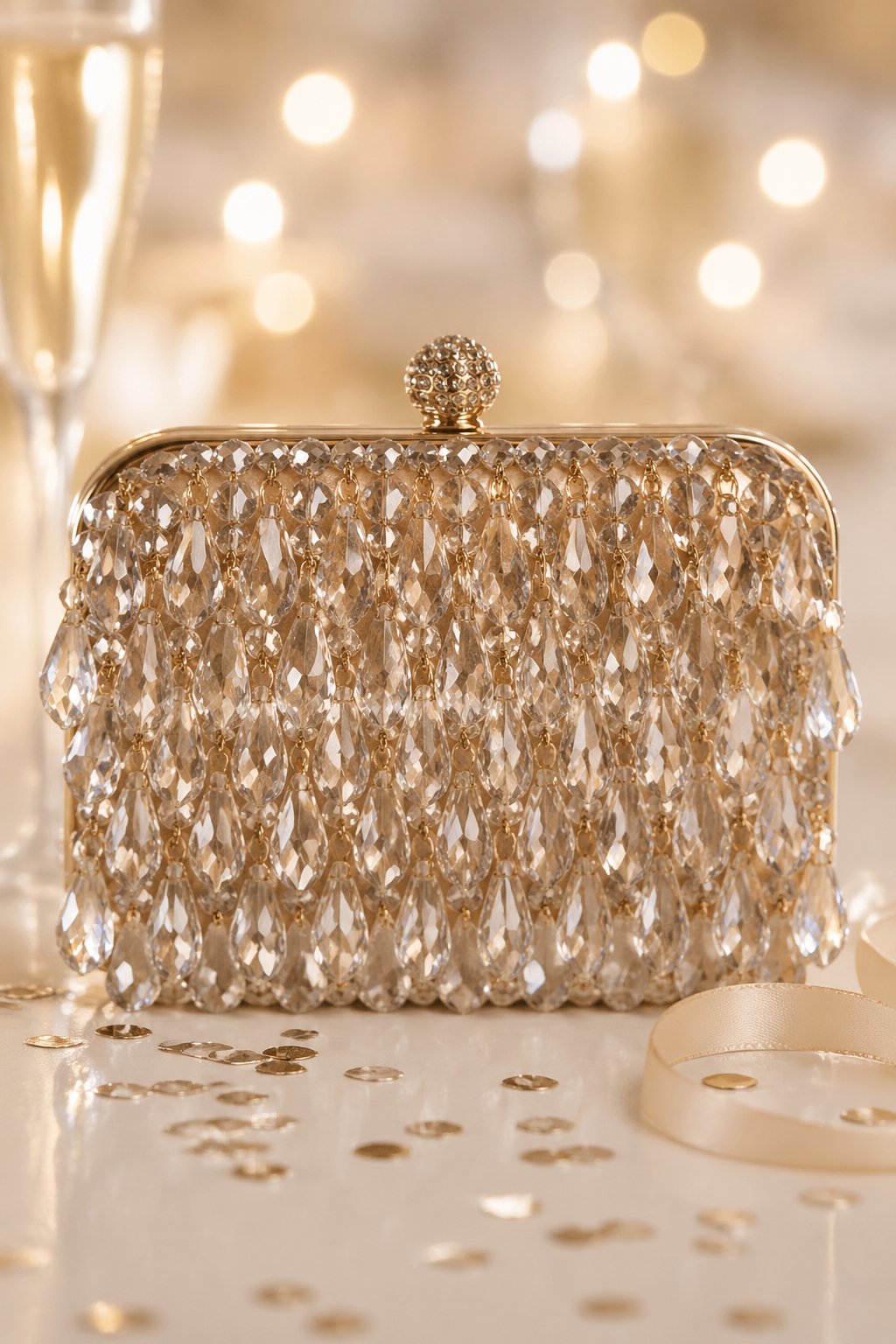 A crystal-embellished clutch bag displayed on a neutral background with soft lighting and subtle party decorations.
