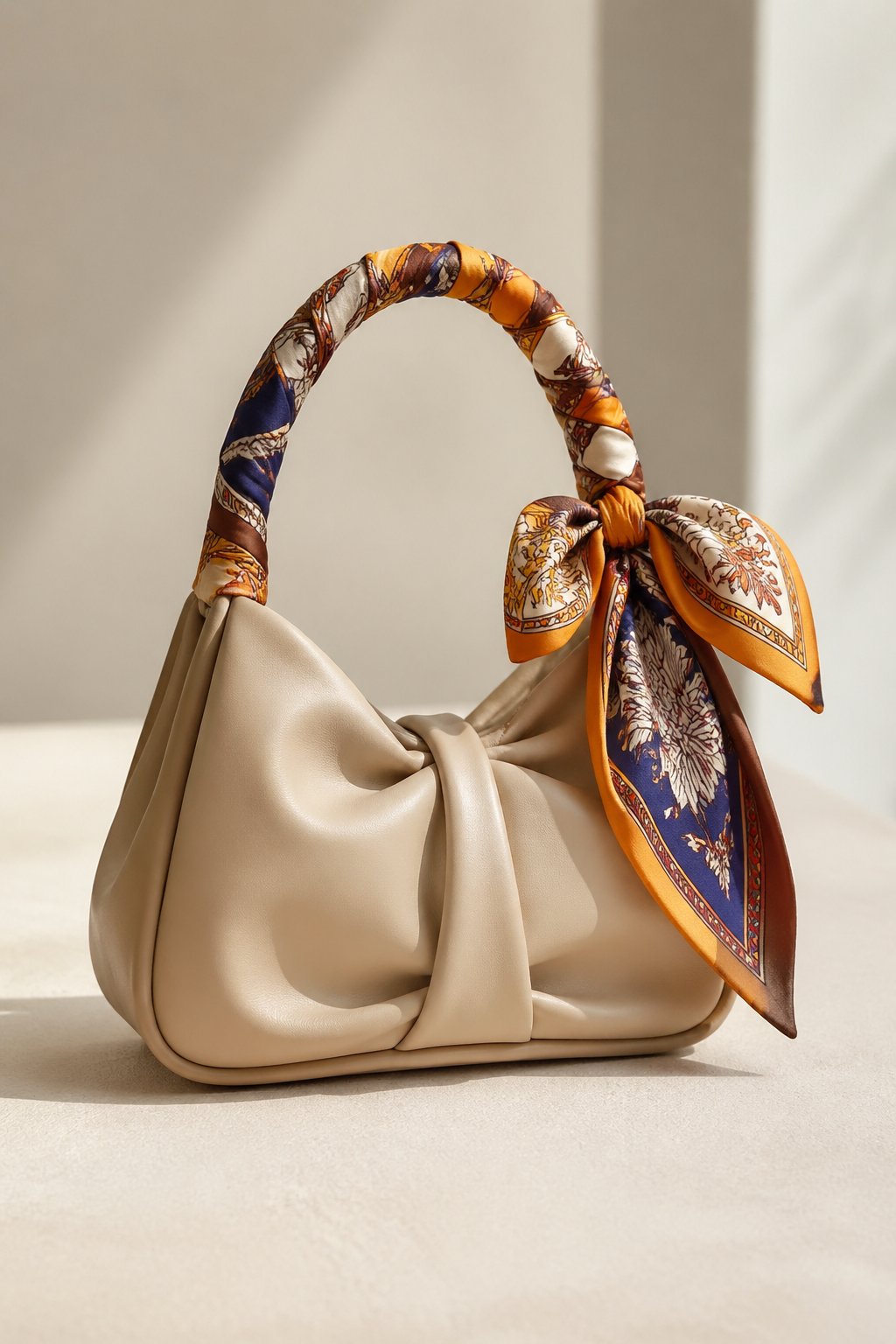 A small shoulder bag with a colorful scarf tied around its handle placed on a plain background.
