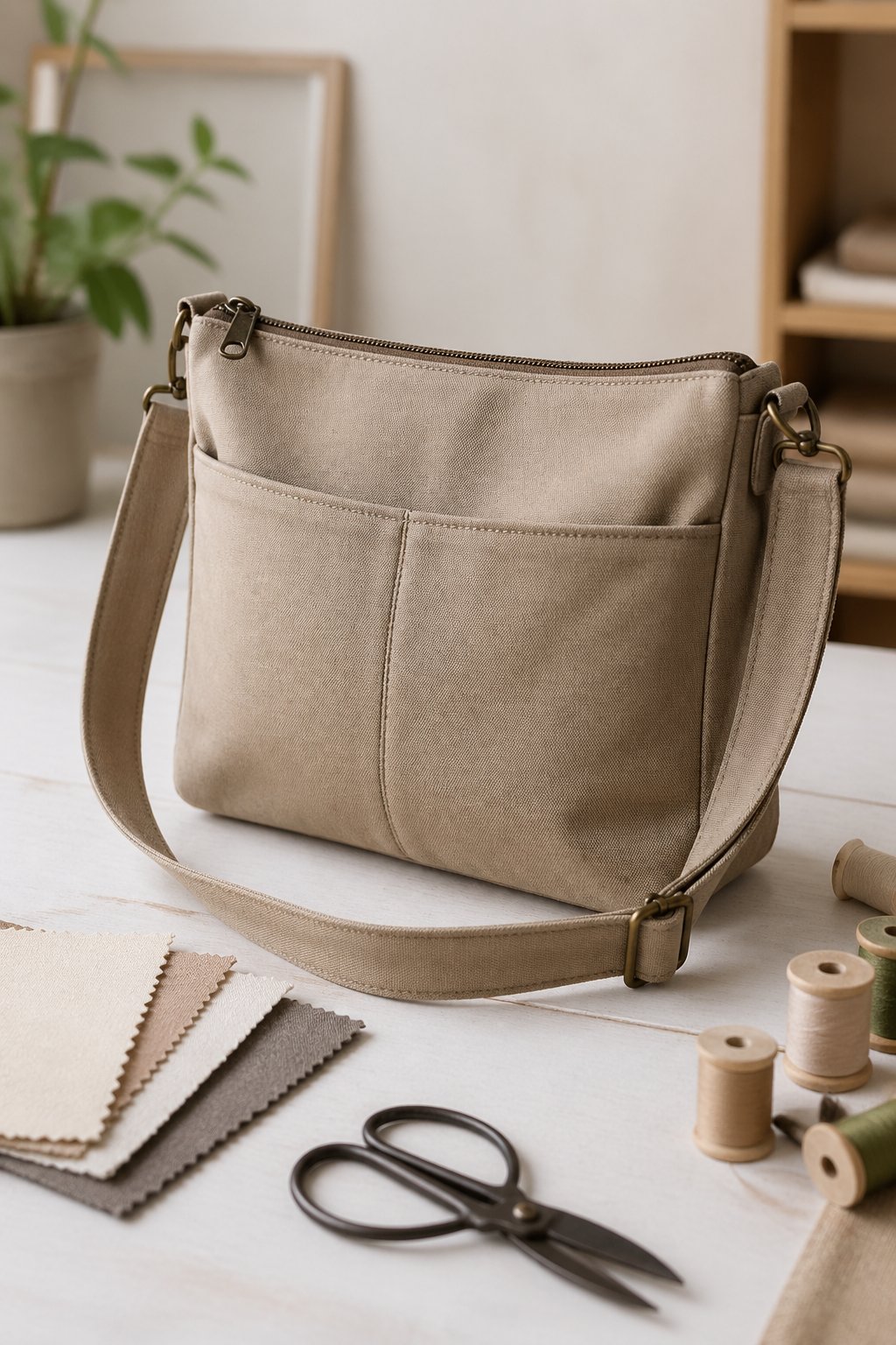 A zipper-top shoulder bag resting on a light surface with sewing materials around it.