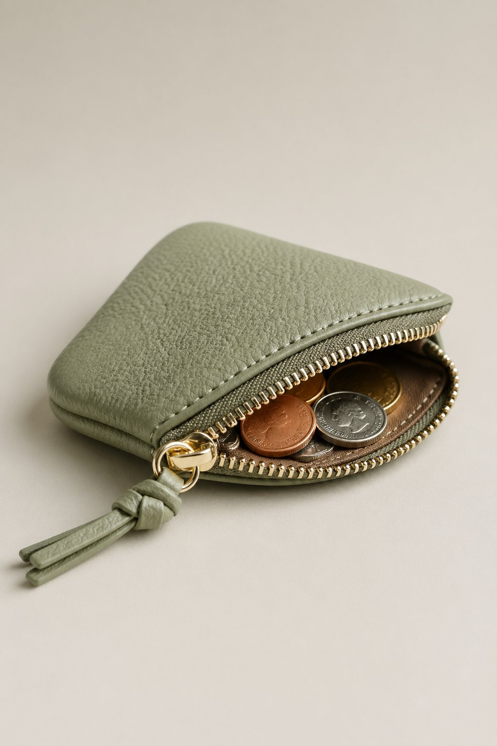 A small mini coin purse with a zipper on a plain background, partially open showing coins inside.