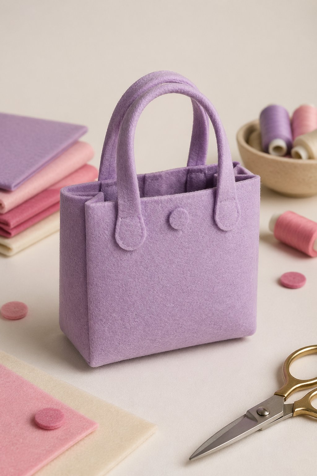 A small felt mini tote bag displayed on a neutral surface with crafting materials around it.